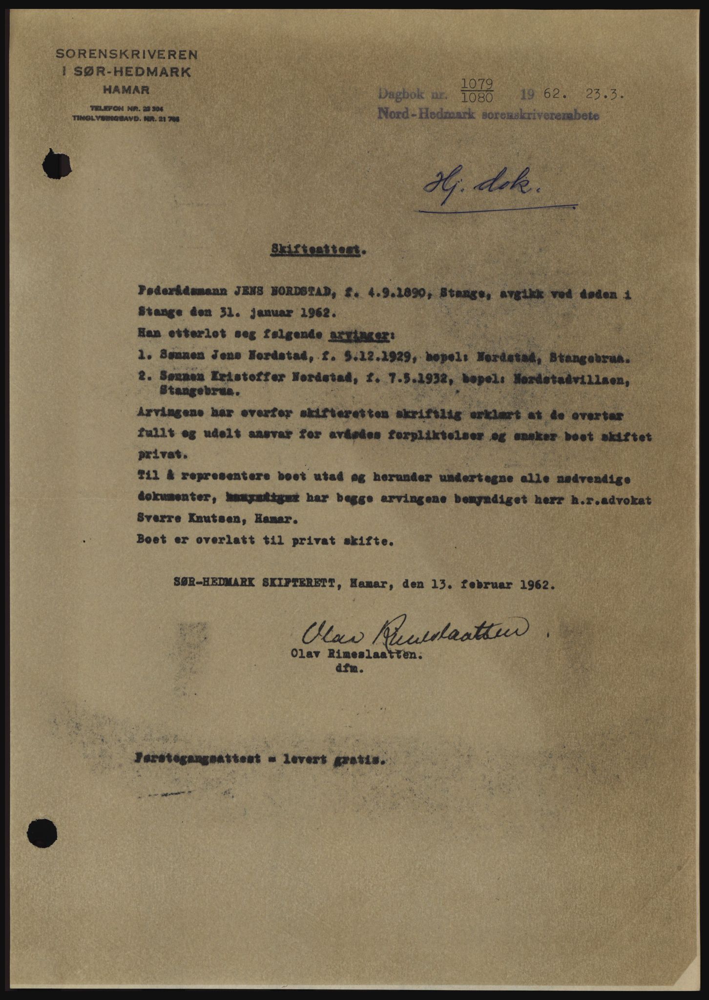 Nord-Hedmark sorenskriveri, SAH/TING-012/H/Hc/L0016: Mortgage book no. 16, 1962-1962, Diary no: : 1079/1962