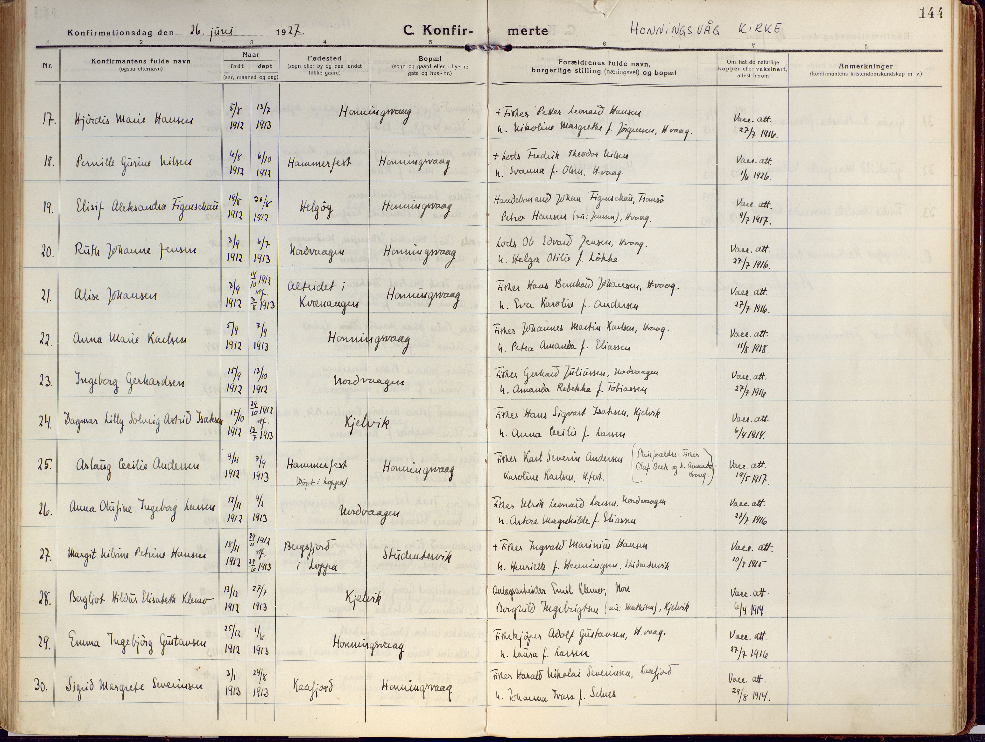 Kjelvik/Nordkapp sokneprestkontor, AV/SATØ-S-1350/H/Ha/L0002kirke: Parish register (official) no. 2, 1920-1929, p. 144