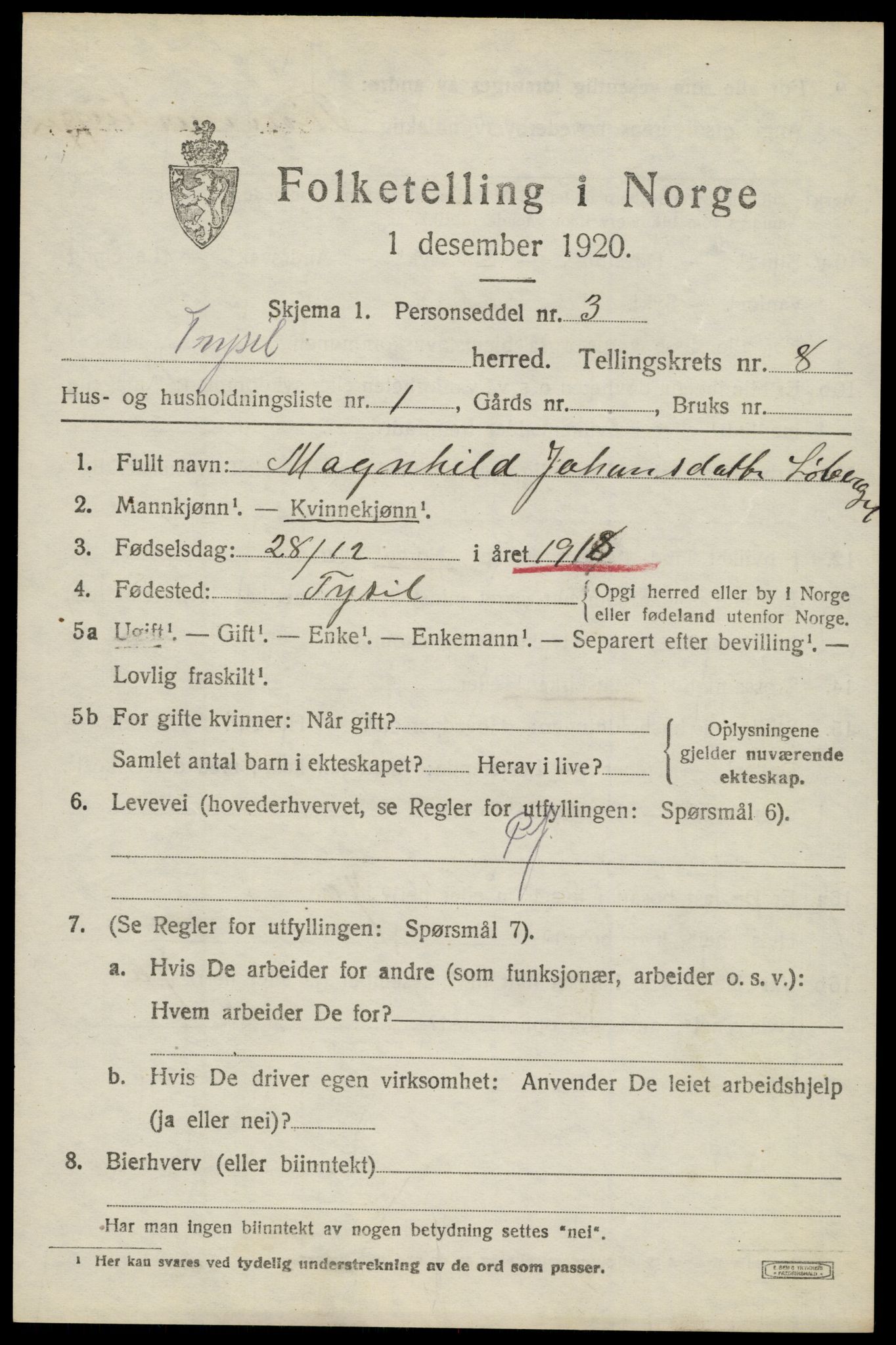 SAH, 1920 census for Trysil, 1920, p. 6225