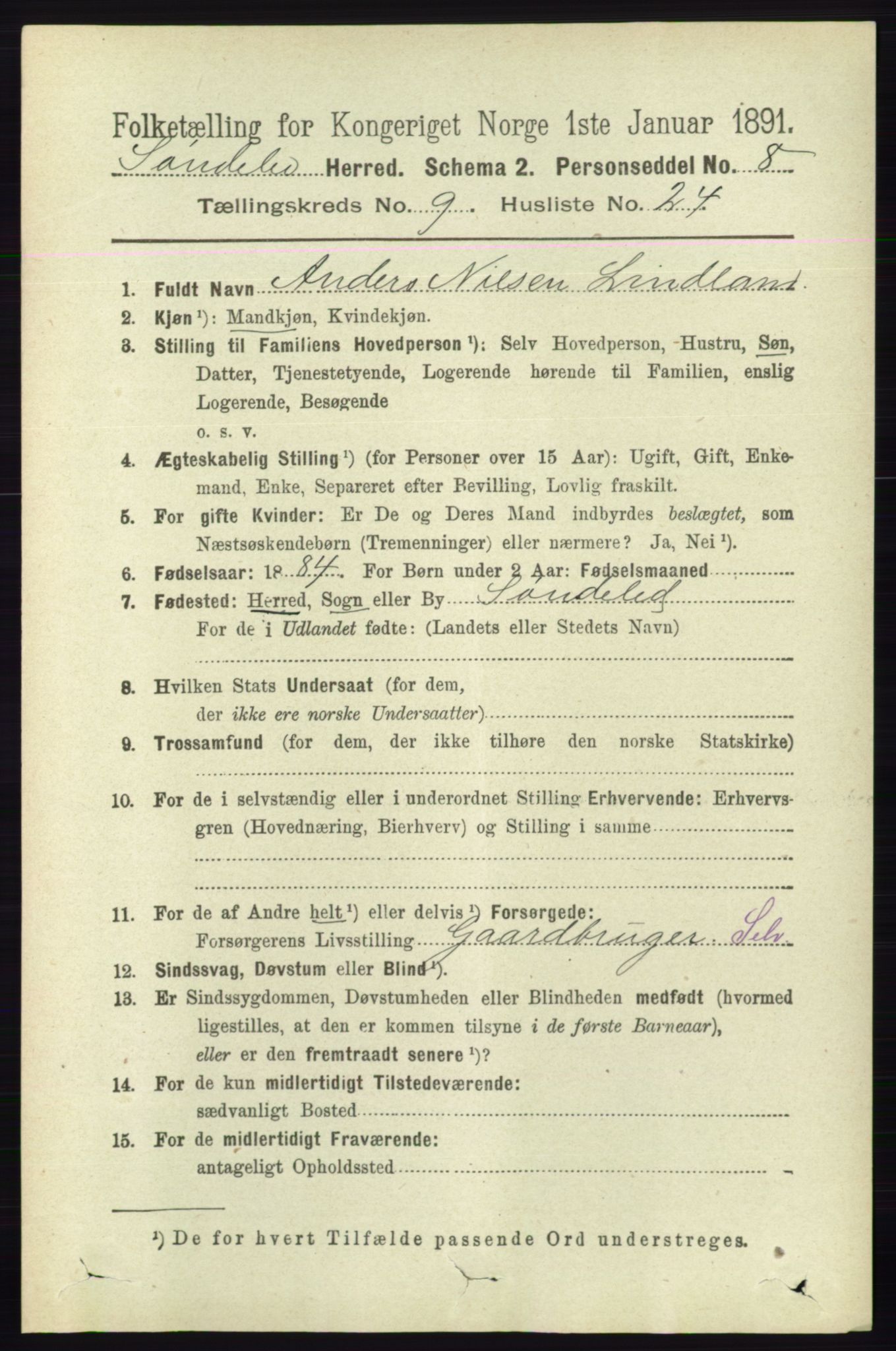 RA, 1891 census for 0913 Søndeled, 1891, p. 3030