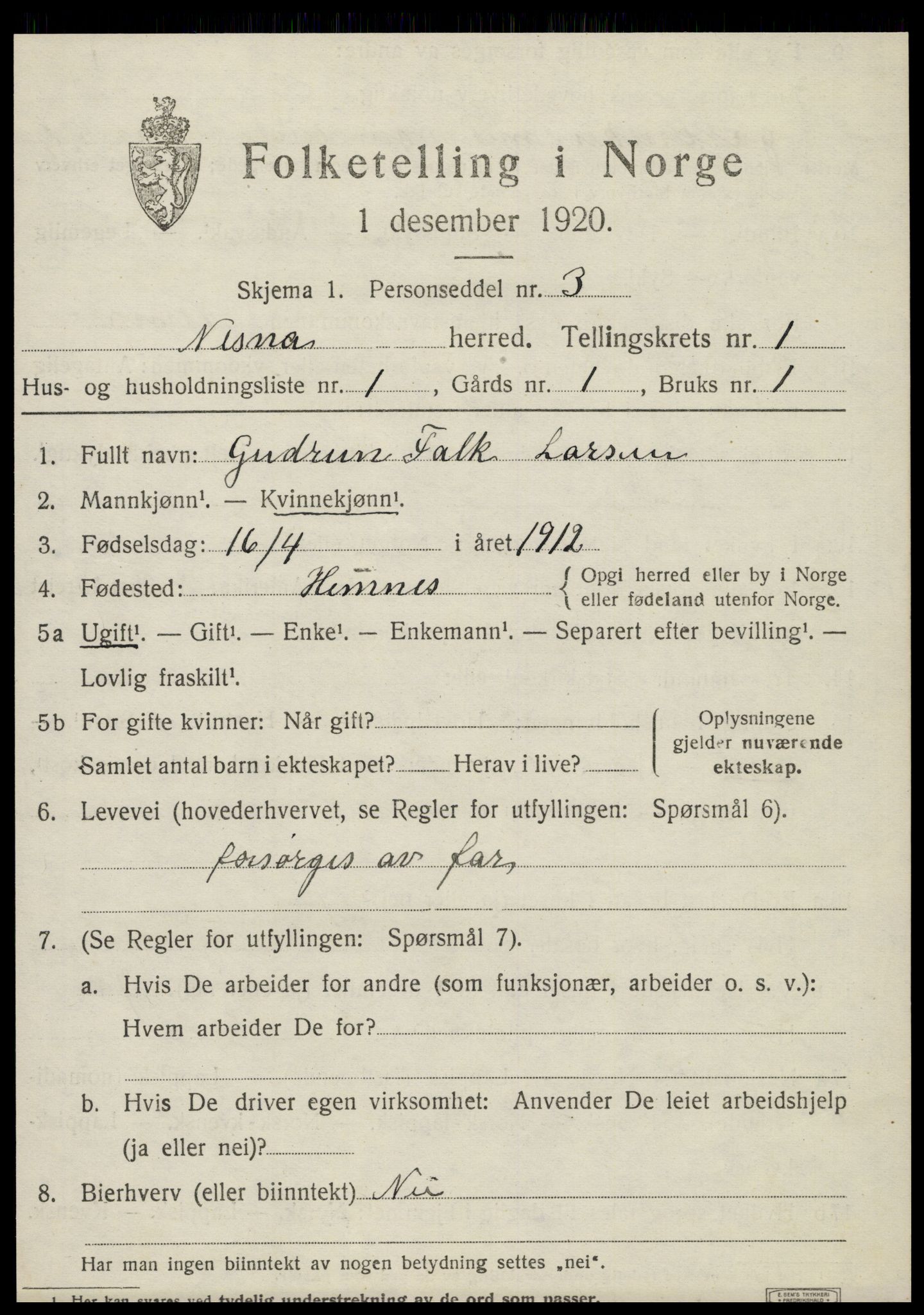 SAT, 1920 census for Nesna, 1920, p. 1243