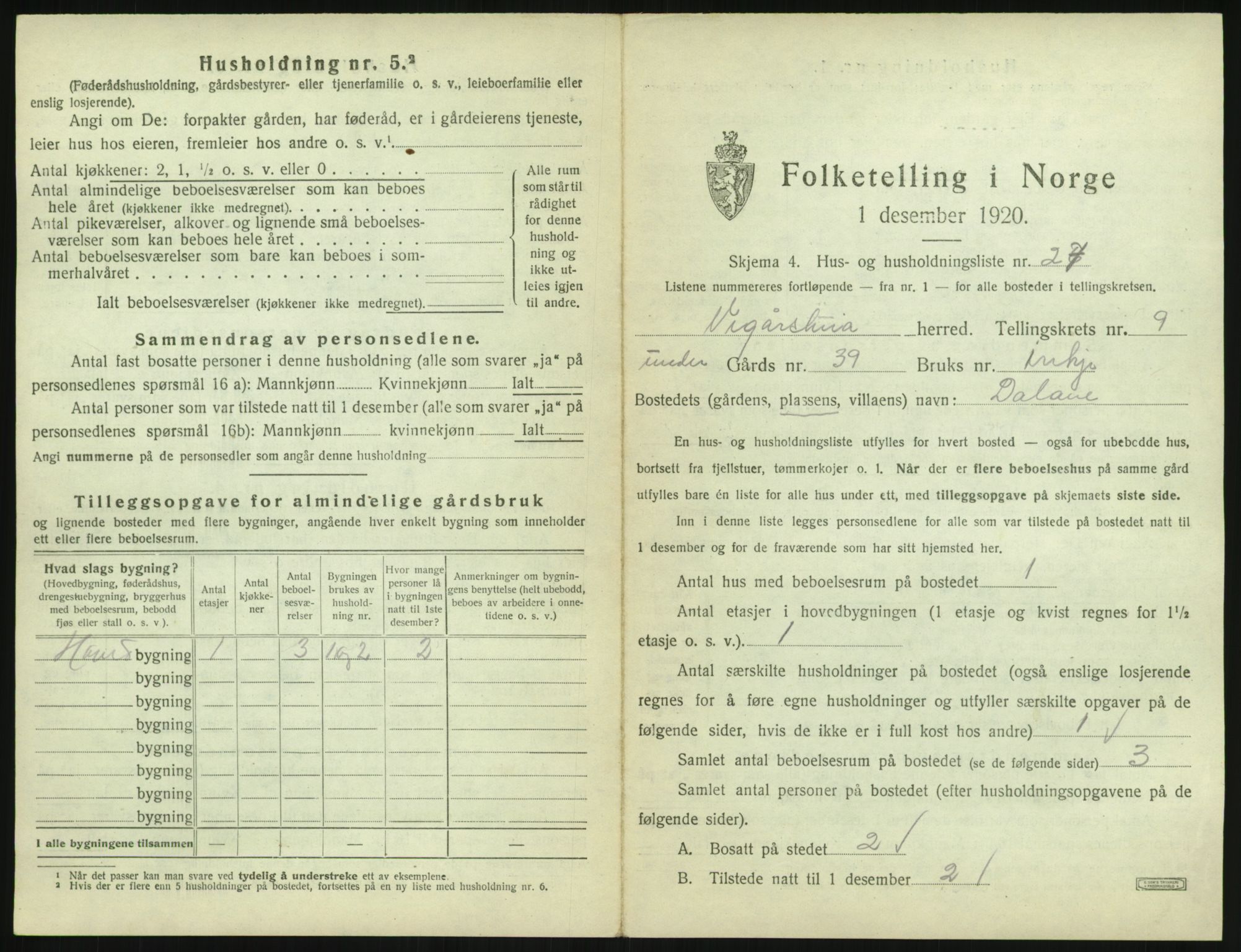 SAK, 1920 census for Vegårshei, 1920, p. 502