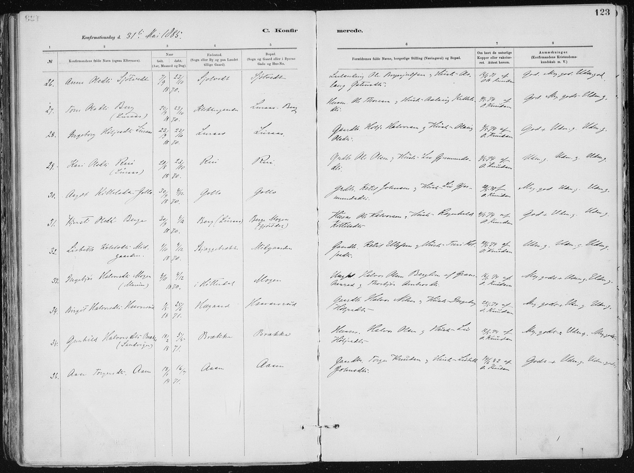 Tinn kirkebøker, SAKO/A-308/F/Fa/L0007: Parish register (official) no. I 7, 1878-1922, p. 123