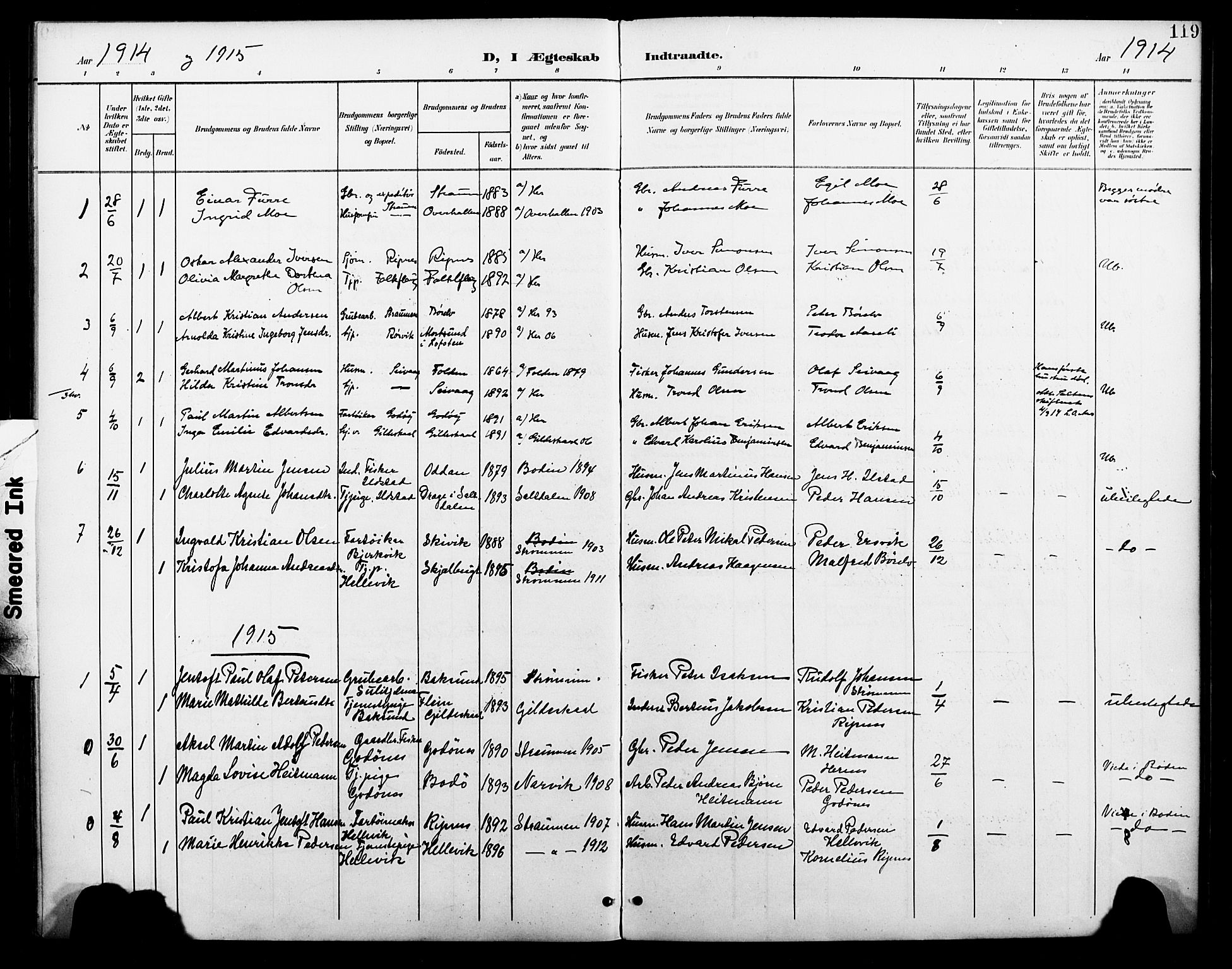 Ministerialprotokoller, klokkerbøker og fødselsregistre - Nordland, SAT/A-1459/804/L0088: Parish register (copy) no. 804C01, 1901-1917, p. 119