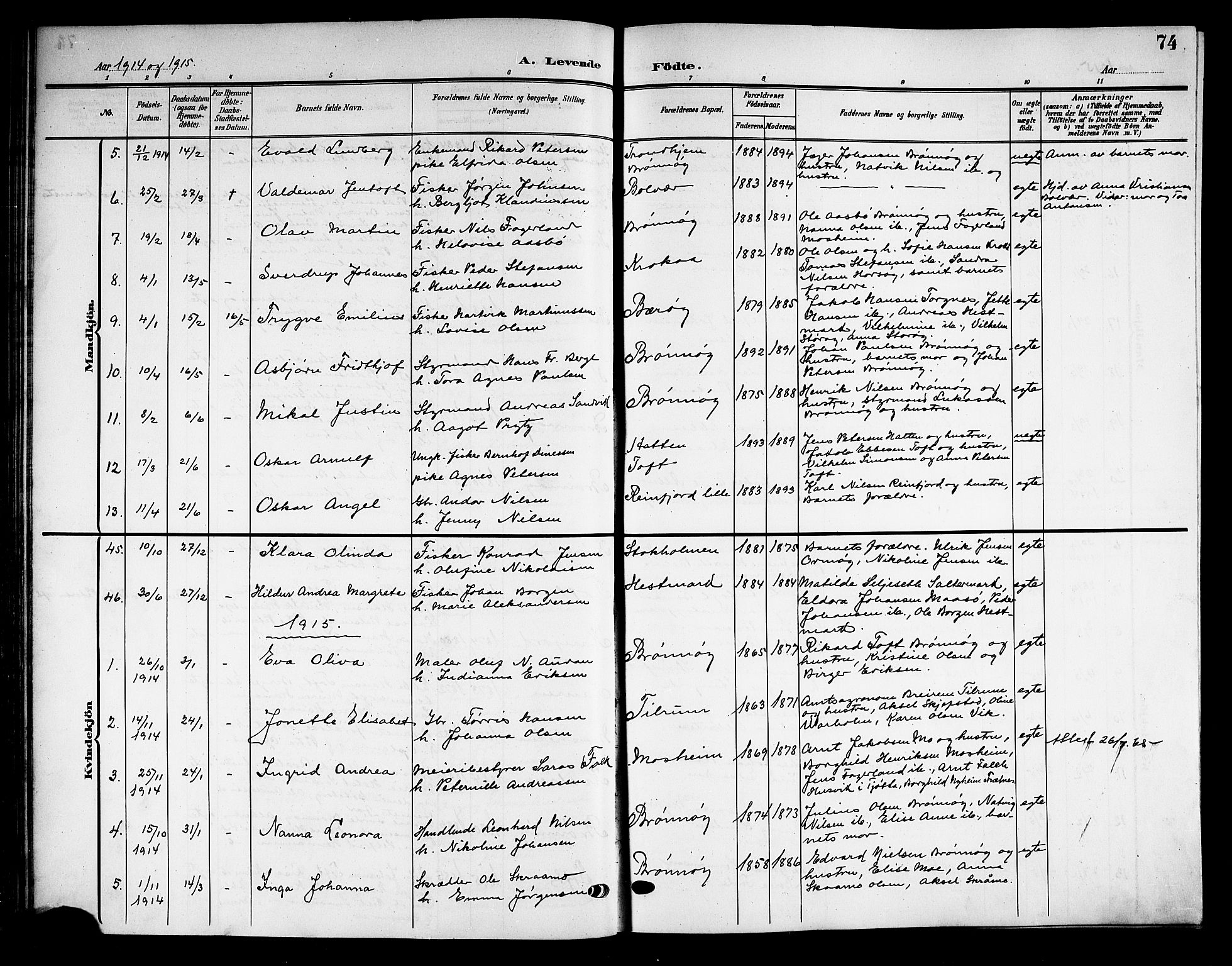 Ministerialprotokoller, klokkerbøker og fødselsregistre - Nordland, AV/SAT-A-1459/813/L0214: Parish register (copy) no. 813C06, 1904-1917, p. 74