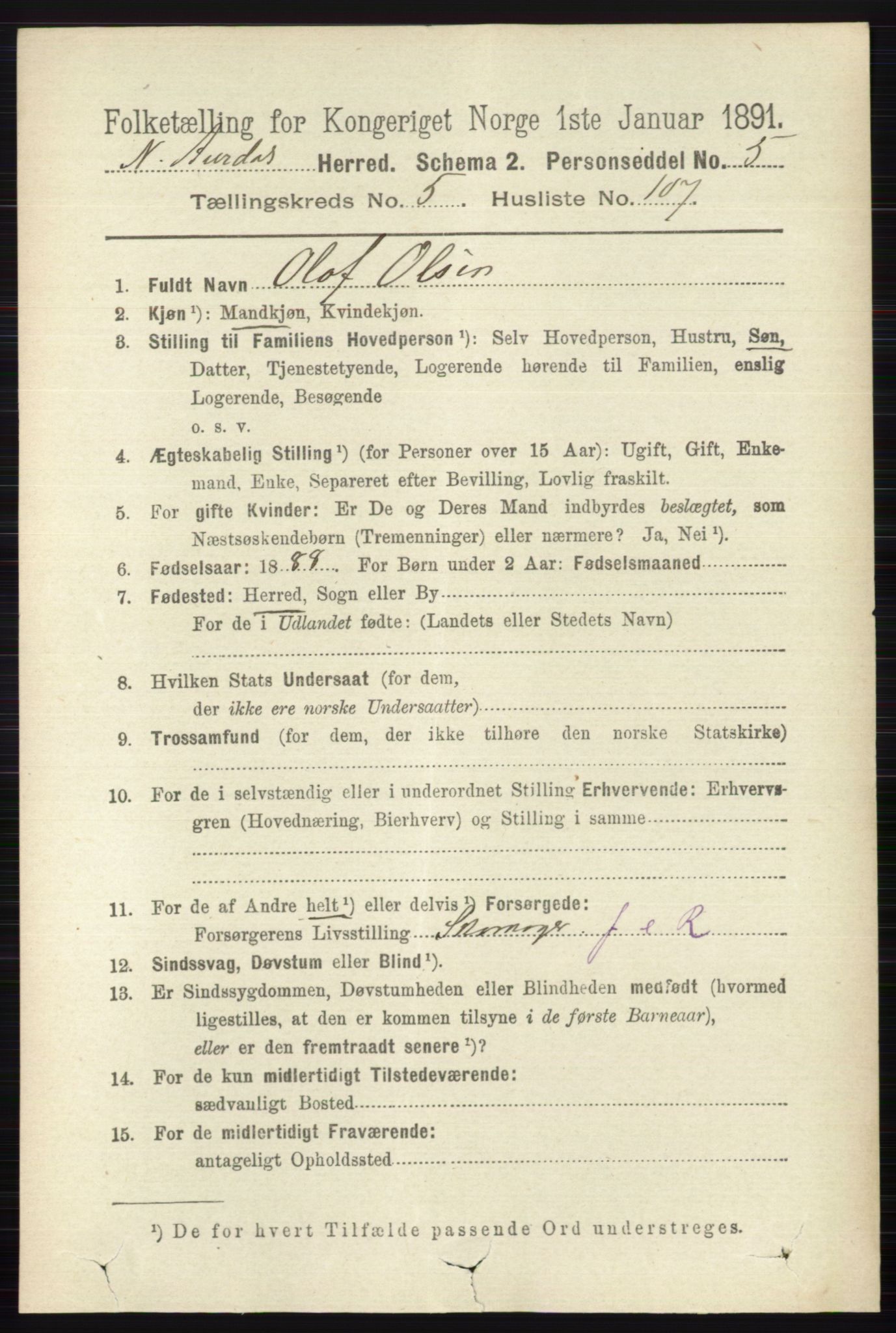 RA, 1891 census for 0542 Nord-Aurdal, 1891, p. 2041