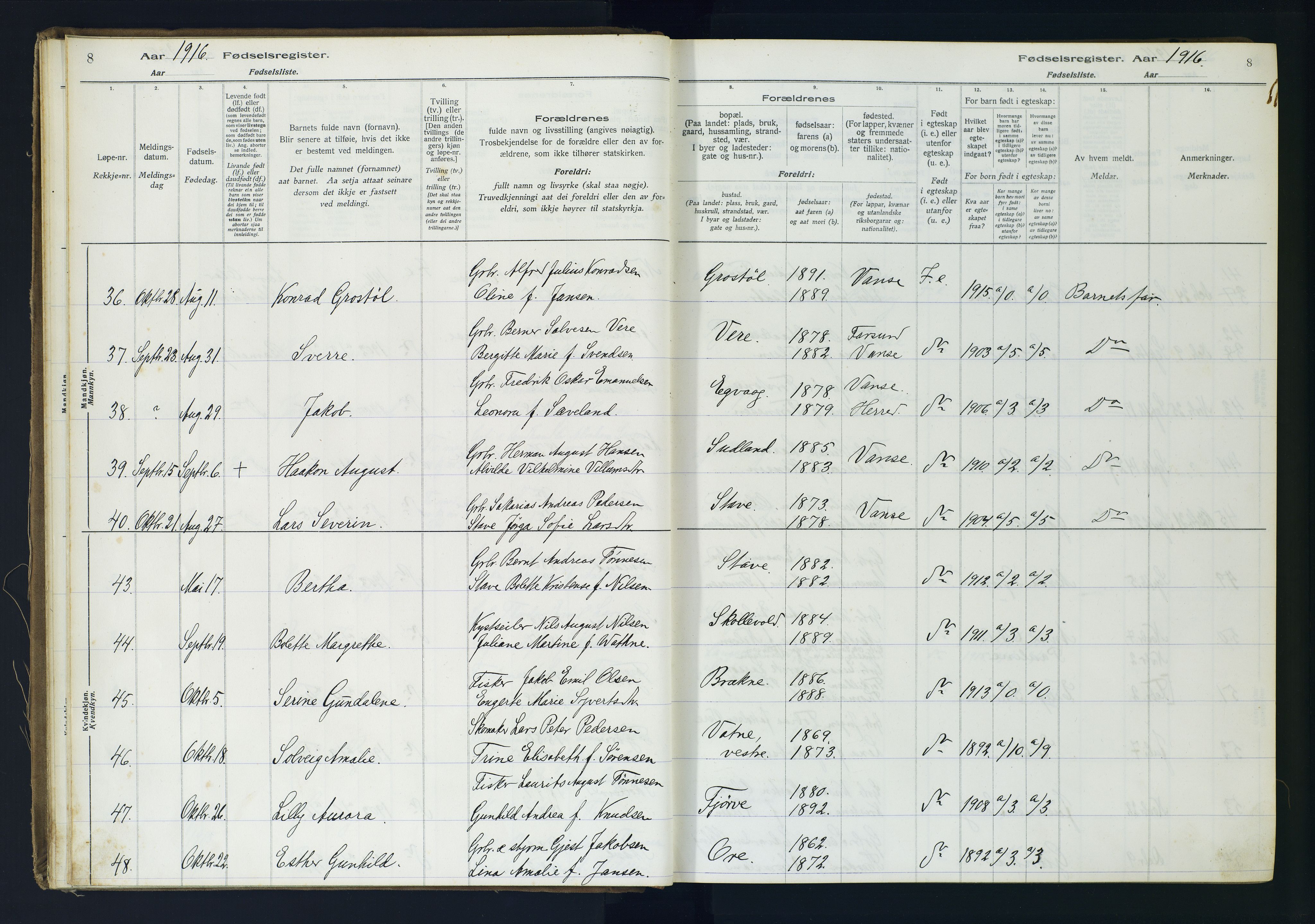Lista sokneprestkontor, SAK/1111-0027/J/Ja/L0001: Birth register no. A-VI-30, 1916-1934, p. 8