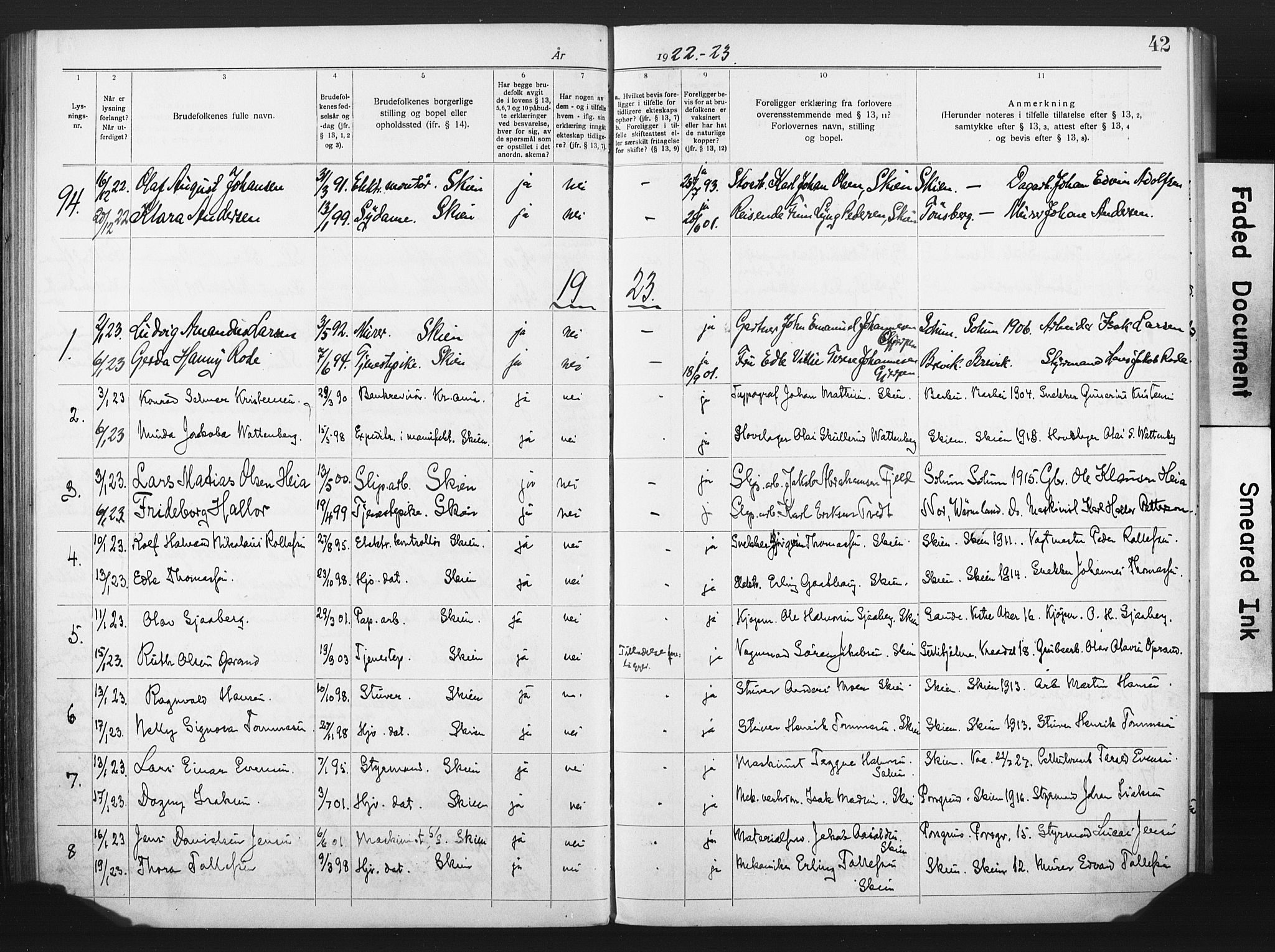 Skien kirkebøker, SAKO/A-302/H/Ha/L0001: Banns register no. 1, 1919-1929, p. 42