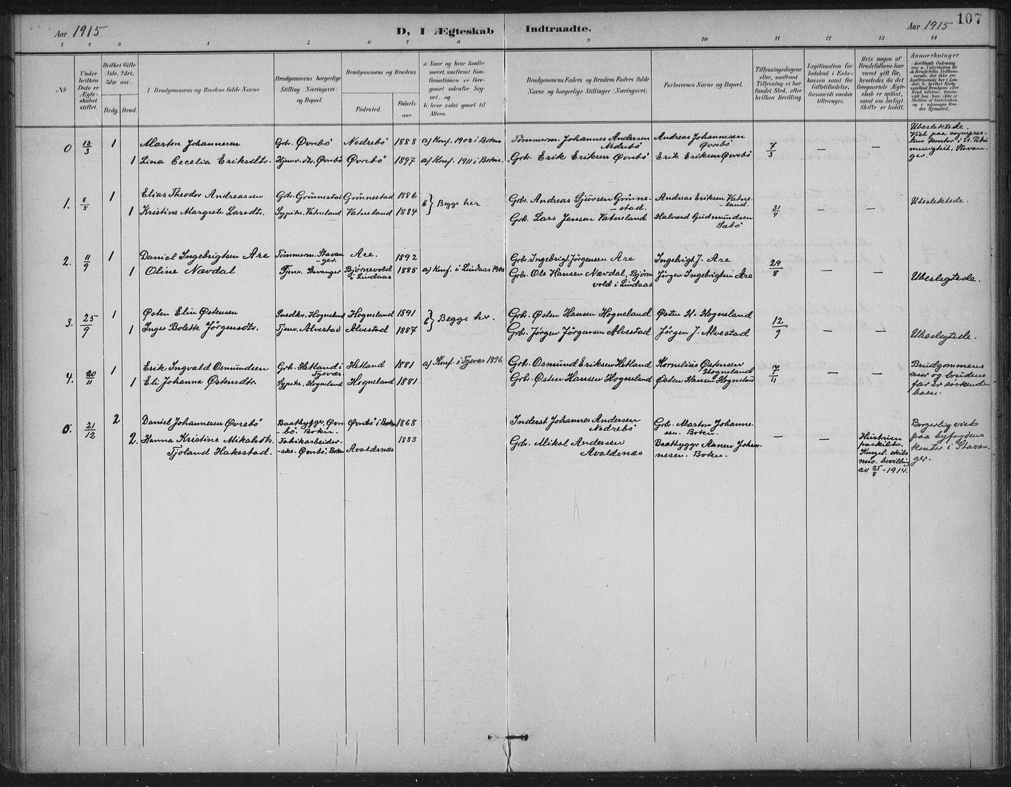 Tysvær sokneprestkontor, AV/SAST-A -101864/H/Ha/Haa/L0009: Parish register (official) no. A 9, 1898-1925, p. 107