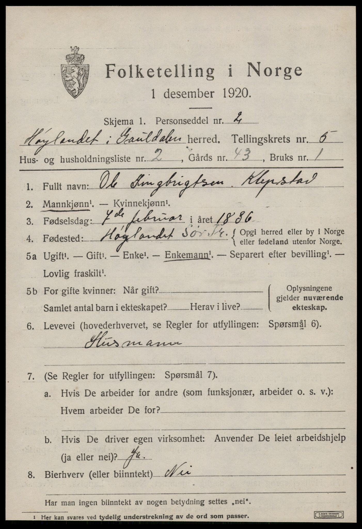 SAT, 1920 census for Hølonda, 1920, p. 2203