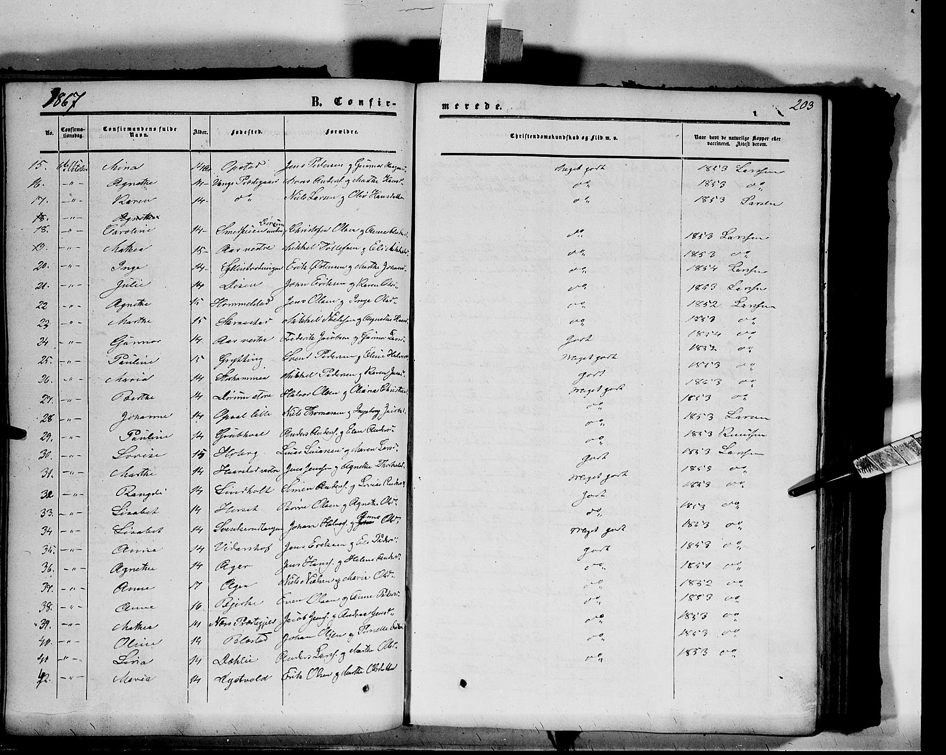 Vang prestekontor, Hedmark, AV/SAH-PREST-008/H/Ha/Haa/L0012: Parish register (official) no. 12, 1855-1870, p. 203