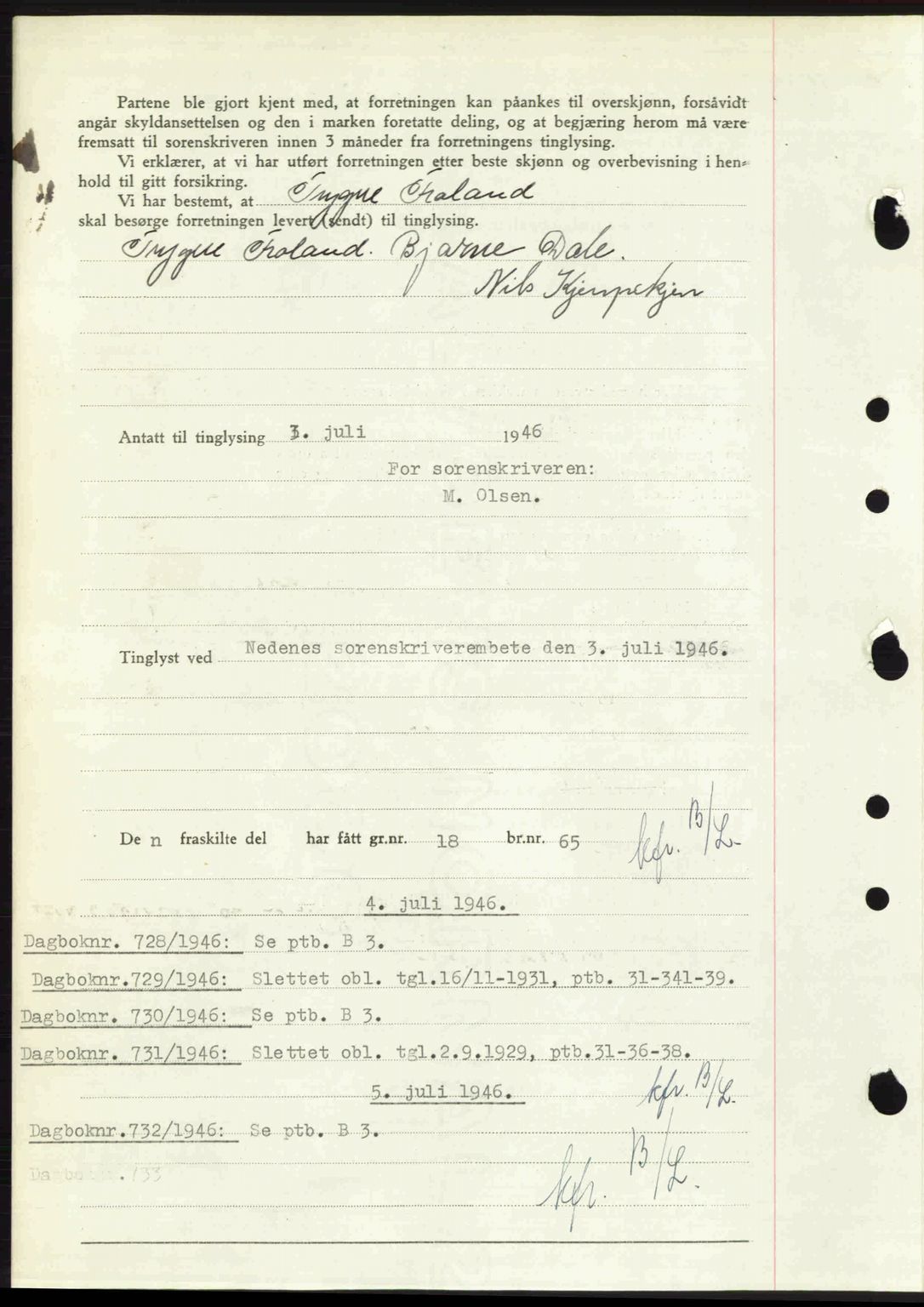 Nedenes sorenskriveri, SAK/1221-0006/G/Gb/Gba/L0055: Mortgage book no. A7, 1946-1946, Diary no: : 727/1946