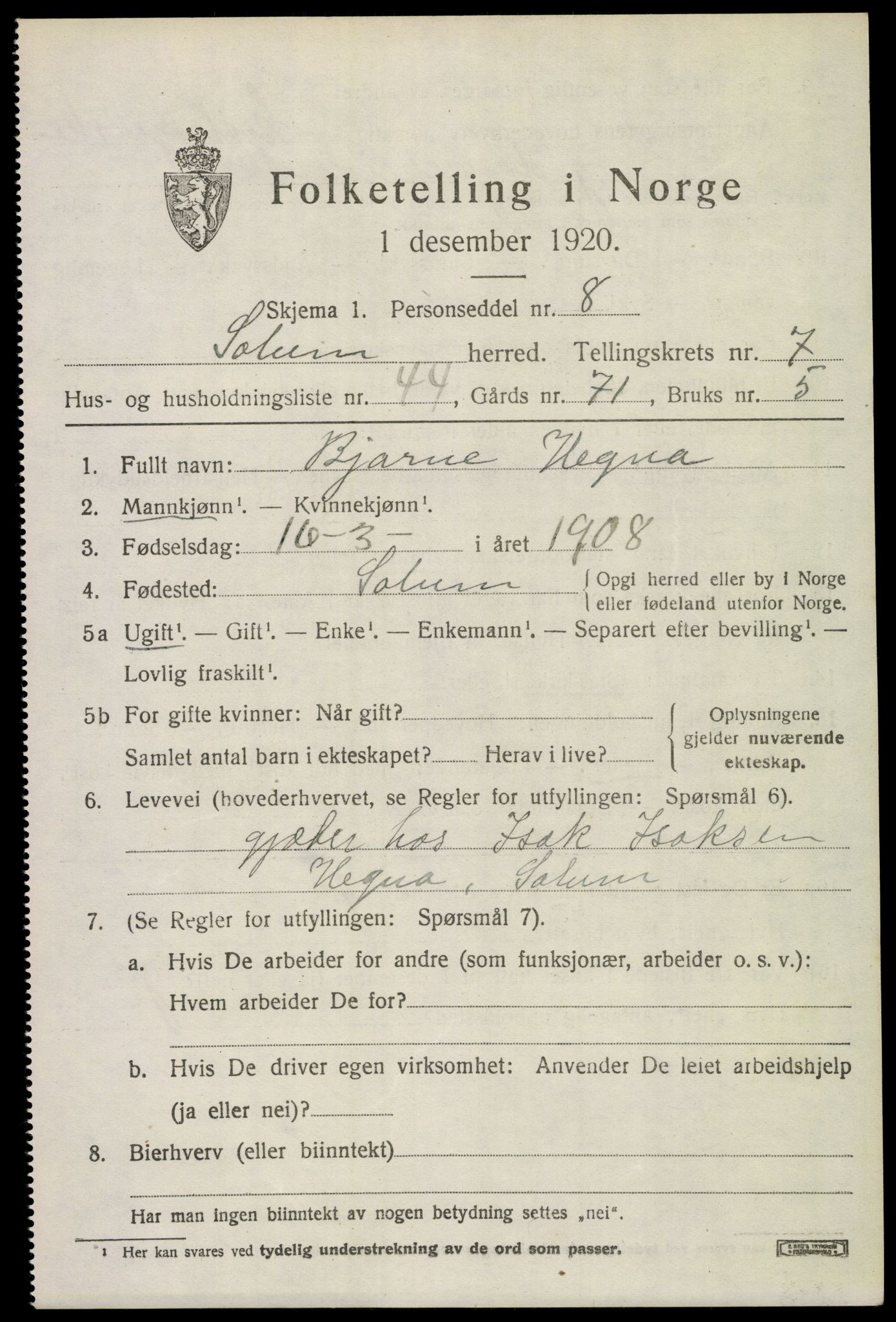 SAKO, 1920 census for Solum, 1920, p. 14284