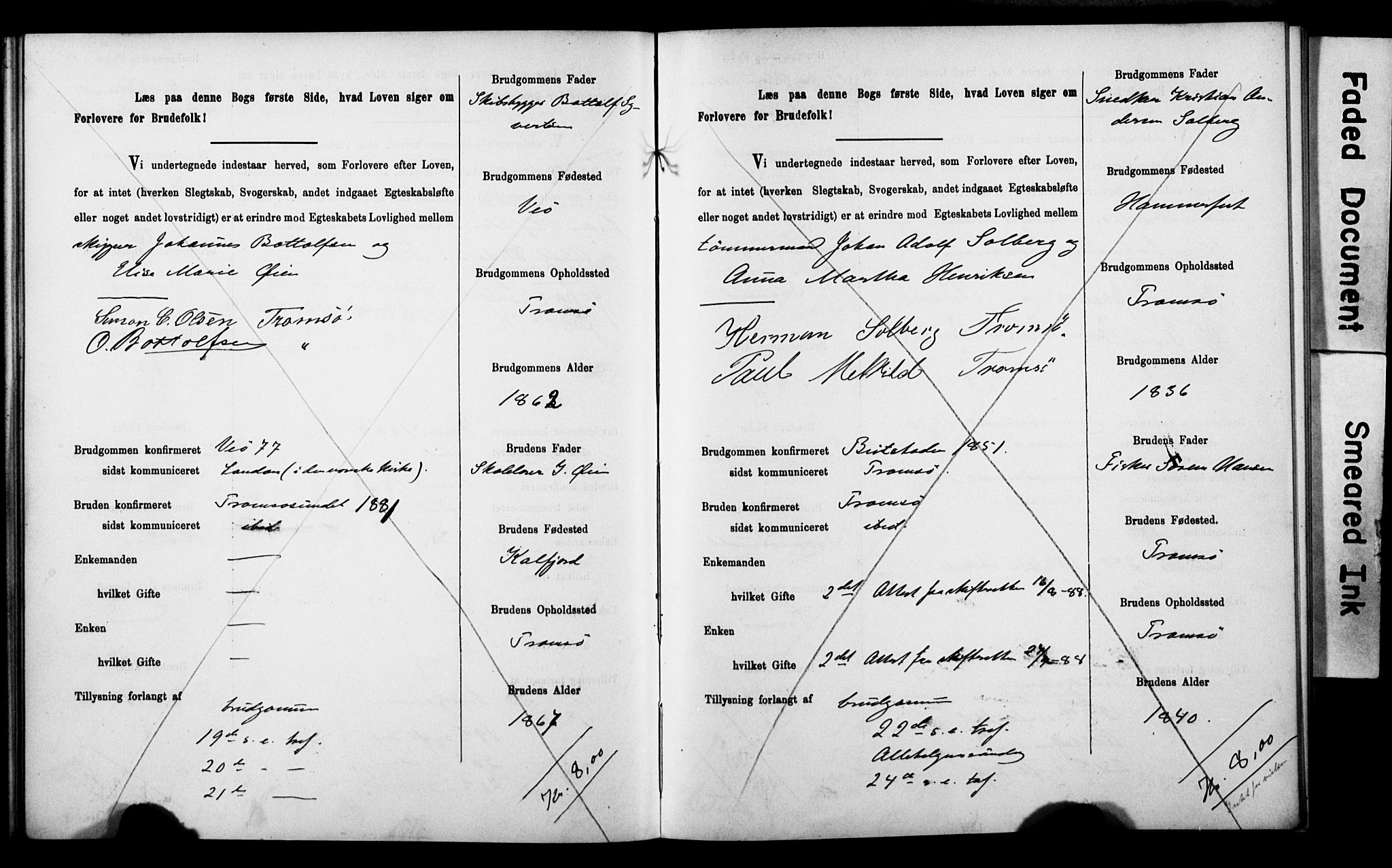 Tromsø sokneprestkontor/stiftsprosti/domprosti, AV/SATØ-S-1343/H/Hc/L0099/0001: Banns register no. 99.1, 1886-1892