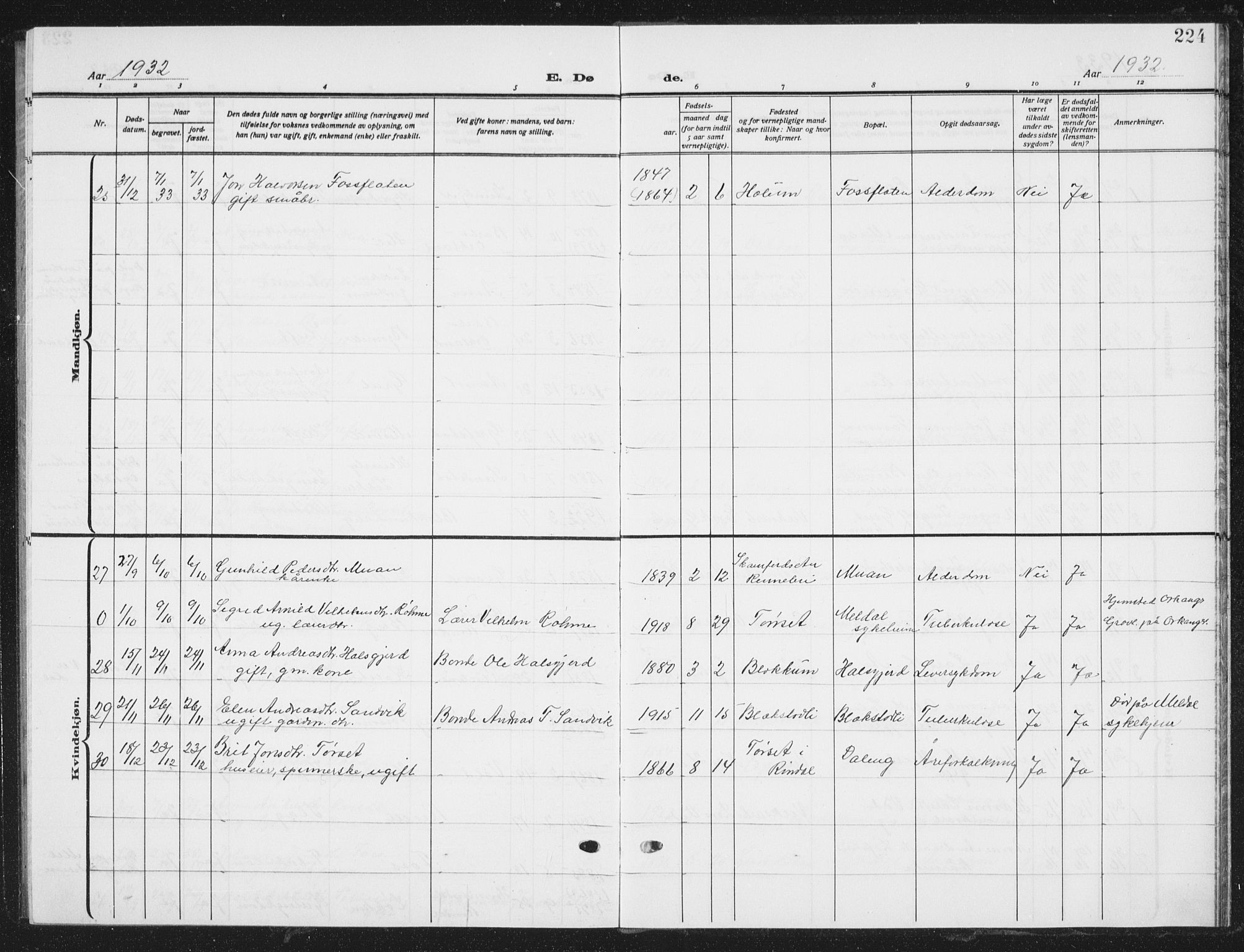 Ministerialprotokoller, klokkerbøker og fødselsregistre - Sør-Trøndelag, SAT/A-1456/672/L0866: Parish register (copy) no. 672C05, 1929-1939, p. 224