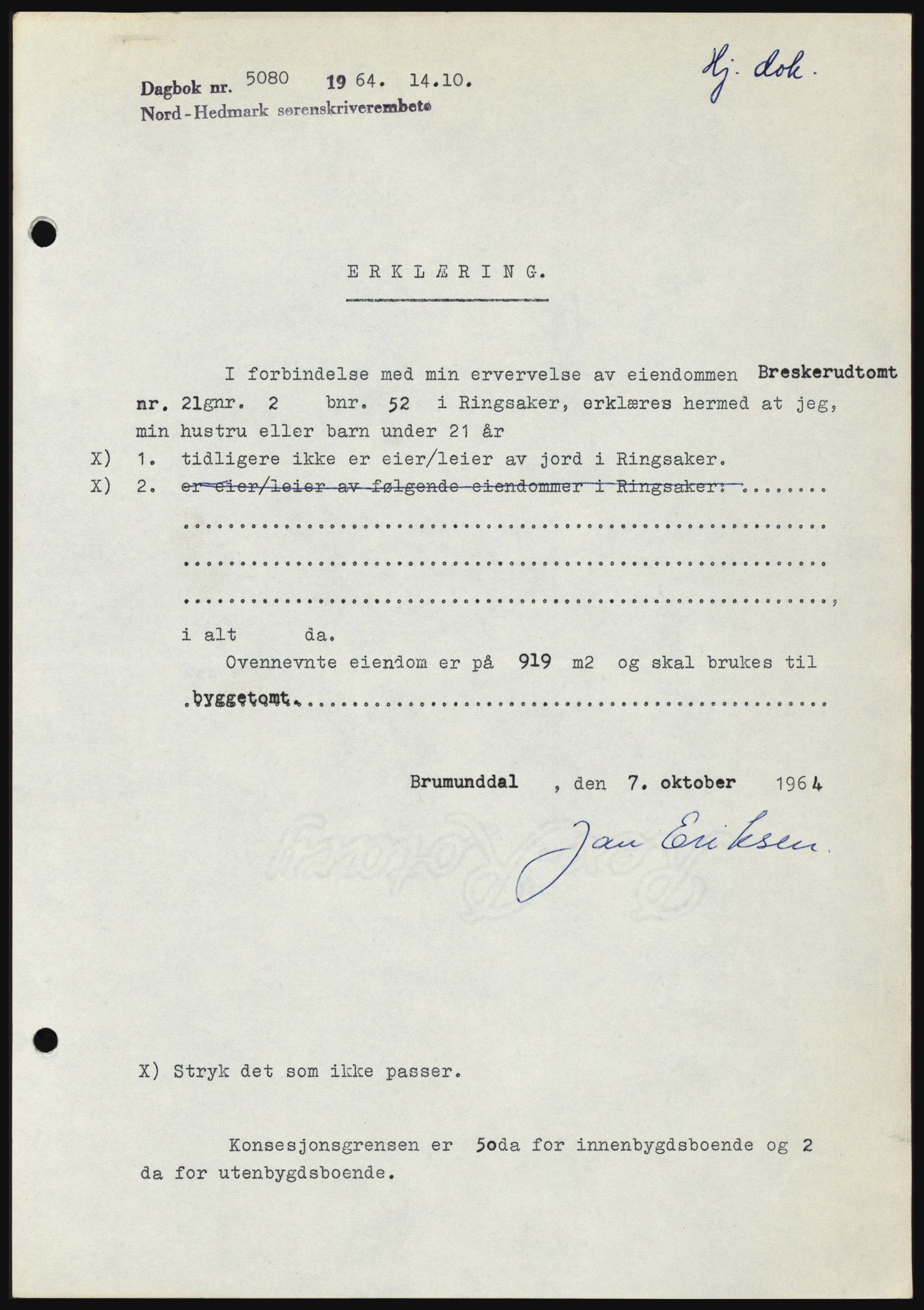 Nord-Hedmark sorenskriveri, SAH/TING-012/H/Hc/L0020: Mortgage book no. 20, 1964-1964, Diary no: : 5080/1964