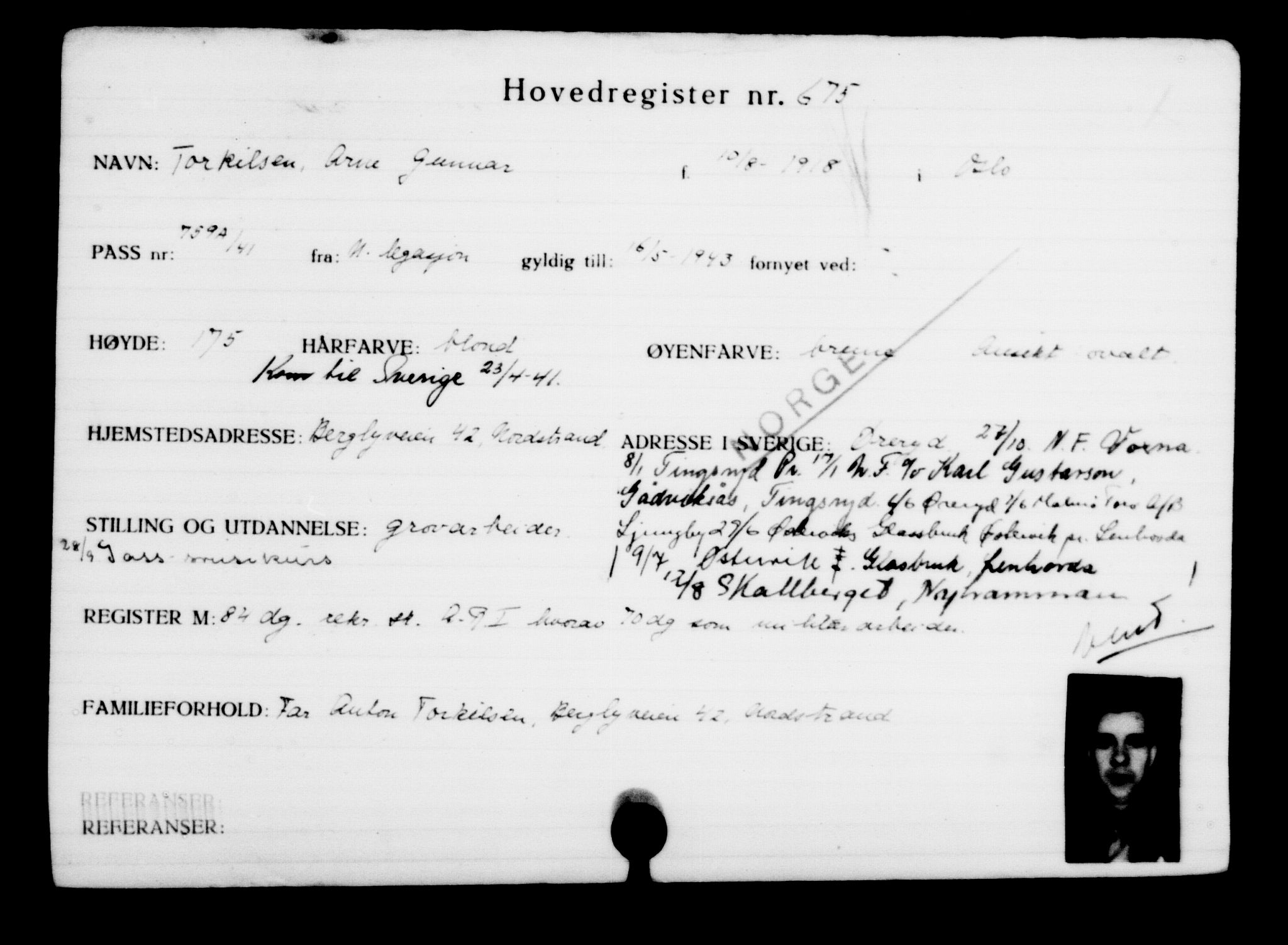 Utenriksstasjonene, Legasjonen i Stockholm, Flyktningkontoret, AV/RA-S-6753/V/Va/L0001: Kjesäterkartoteket, flyktninger med registreringsnr. 1-1000, 1940-1945, p. 1058