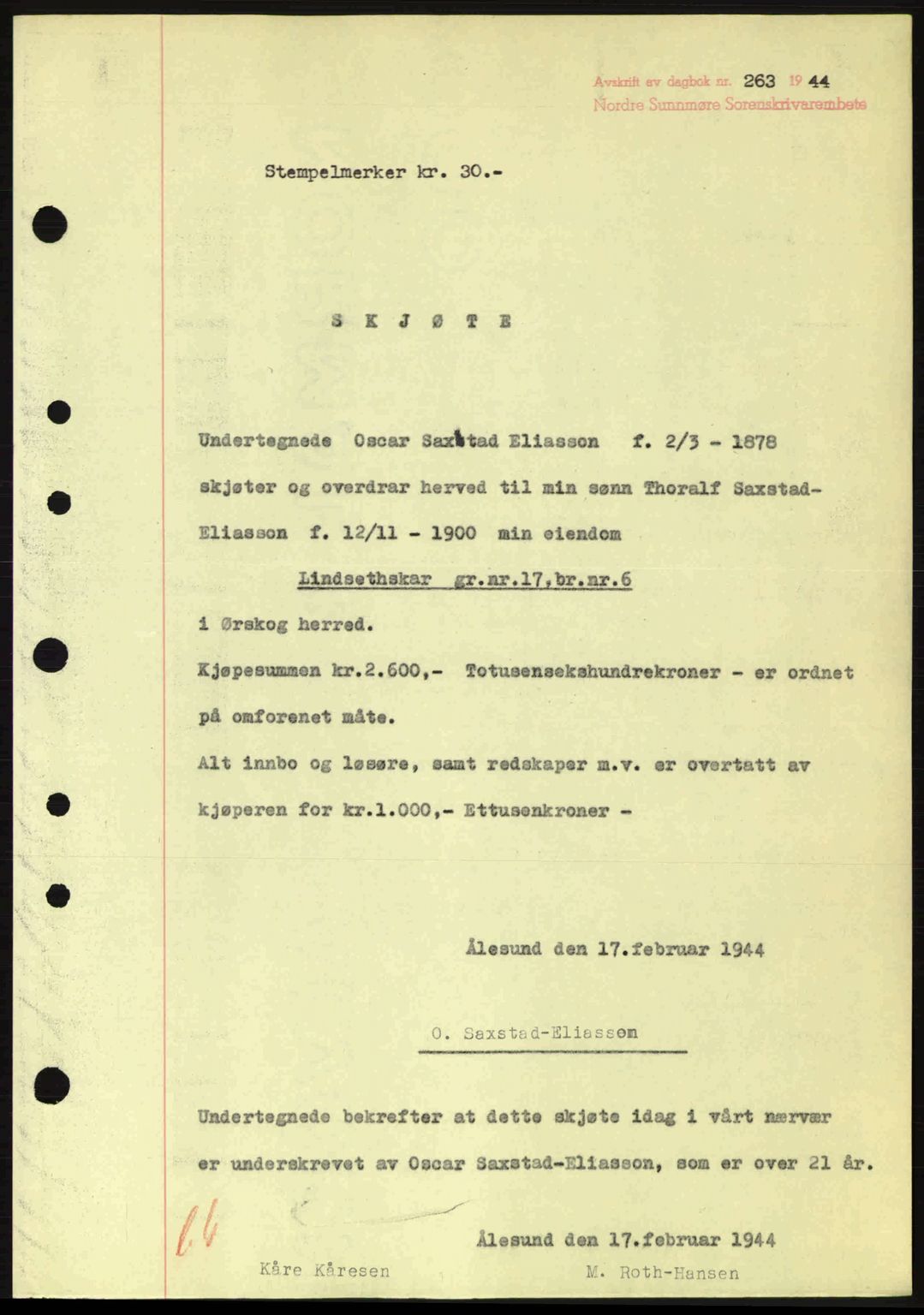 Nordre Sunnmøre sorenskriveri, AV/SAT-A-0006/1/2/2C/2Ca: Mortgage book no. A17, 1943-1944, Diary no: : 263/1944