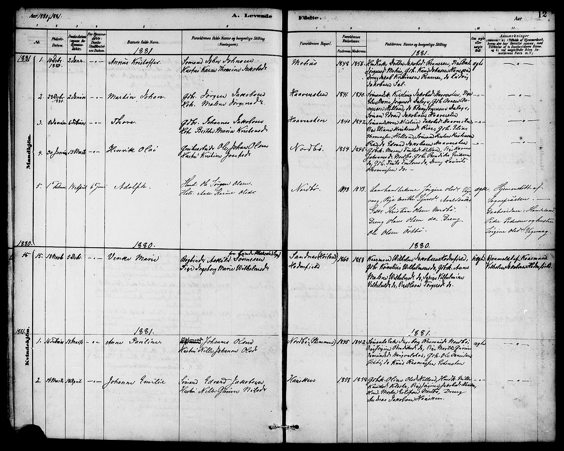 Rennesøy sokneprestkontor, AV/SAST-A -101827/H/Ha/Haa/L0007: Parish register (official) no. A 7, 1878-1884, p. 12