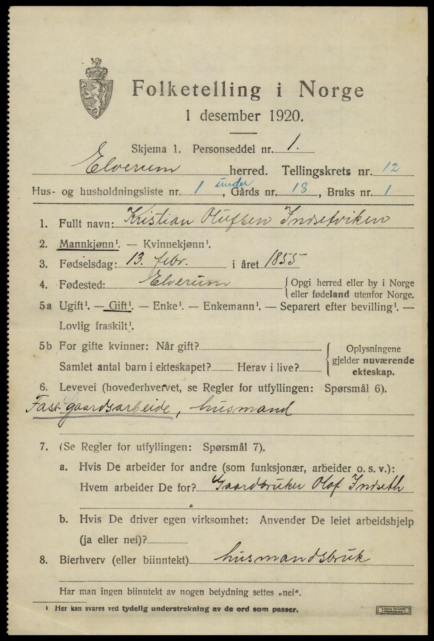 SAH, 1920 census for Elverum, 1920, p. 16940