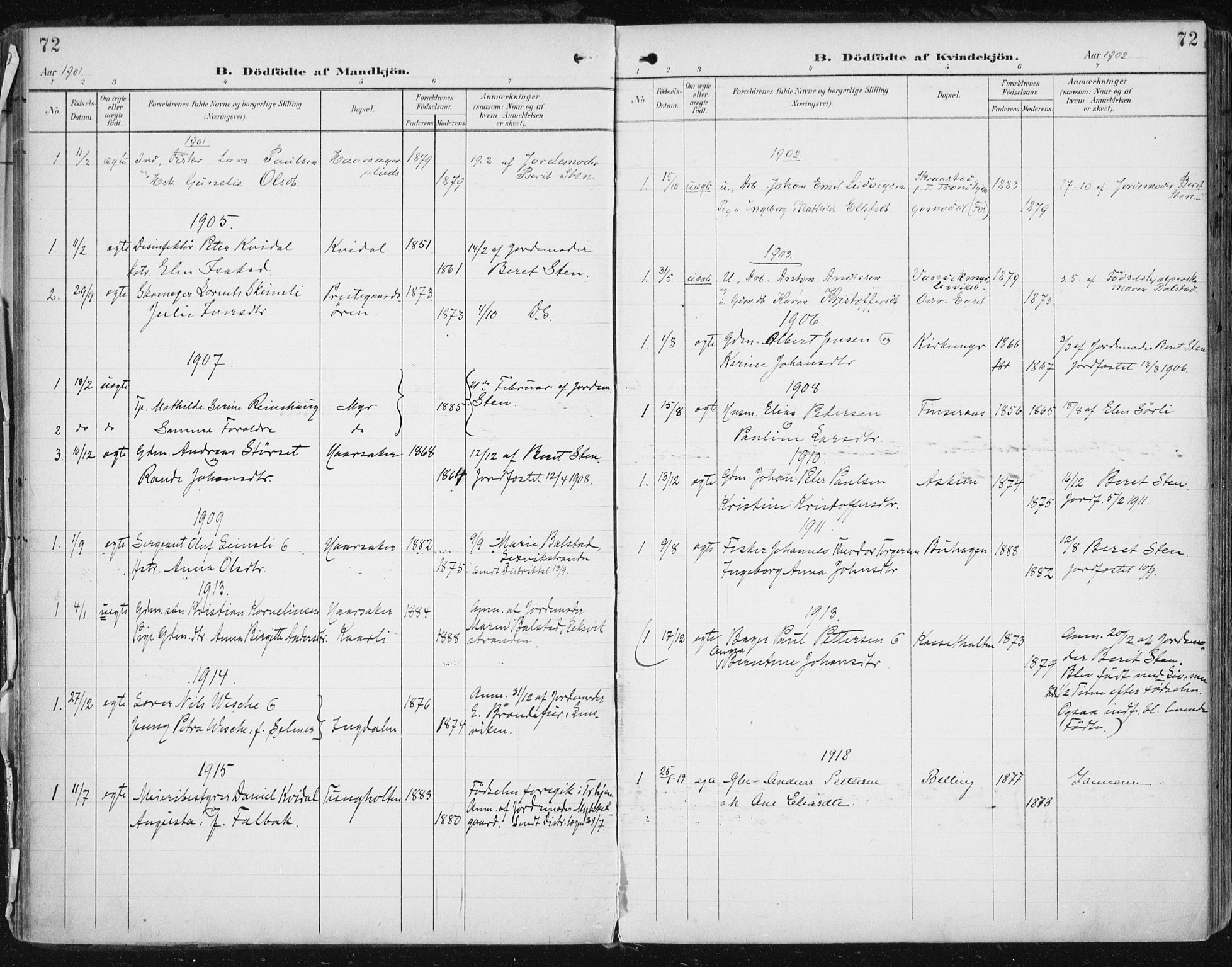 Ministerialprotokoller, klokkerbøker og fødselsregistre - Sør-Trøndelag, SAT/A-1456/646/L0616: Parish register (official) no. 646A14, 1900-1918, p. 72