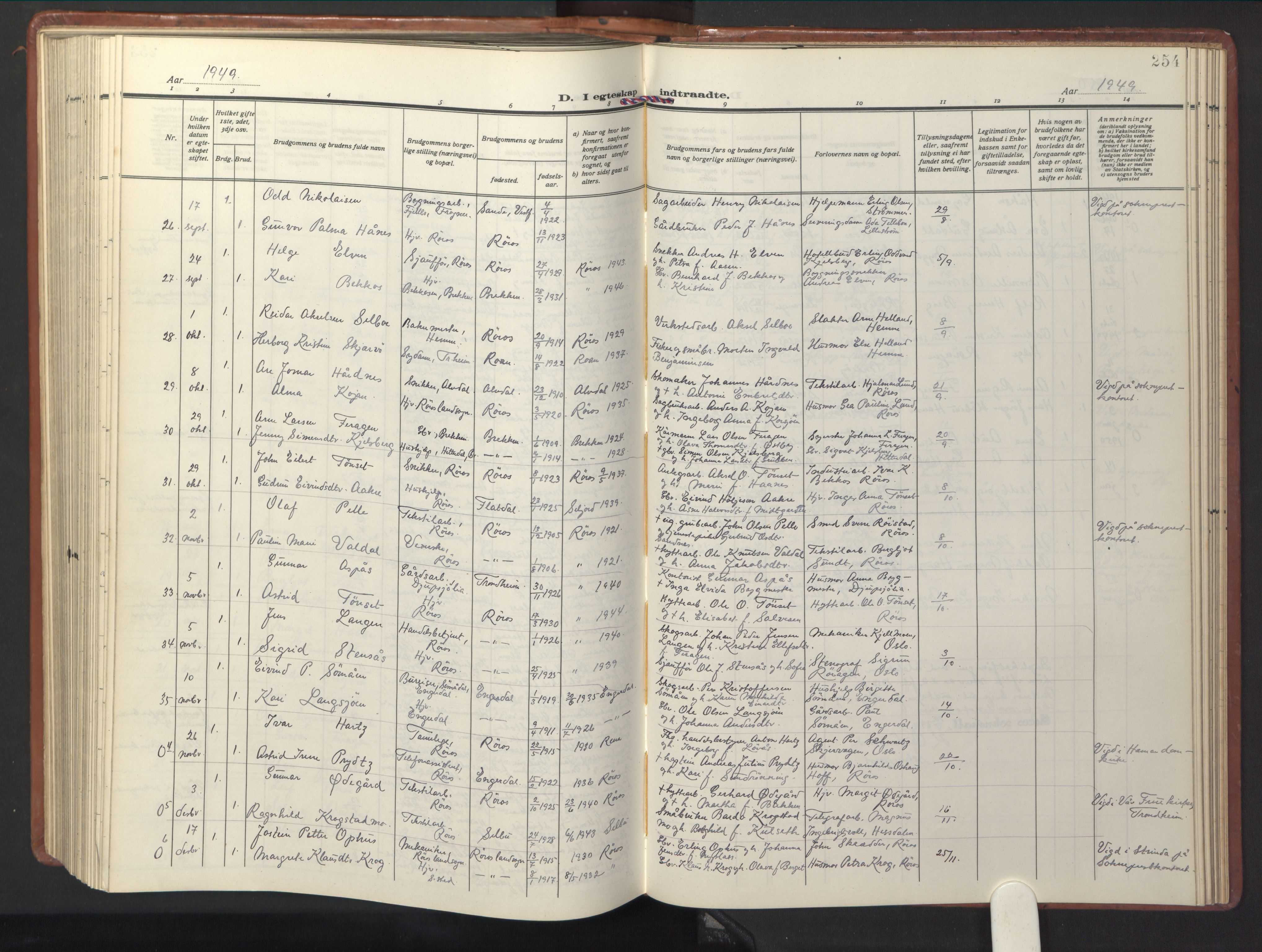 Ministerialprotokoller, klokkerbøker og fødselsregistre - Sør-Trøndelag, SAT/A-1456/681/L0943: Parish register (copy) no. 681C07, 1926-1954, p. 254