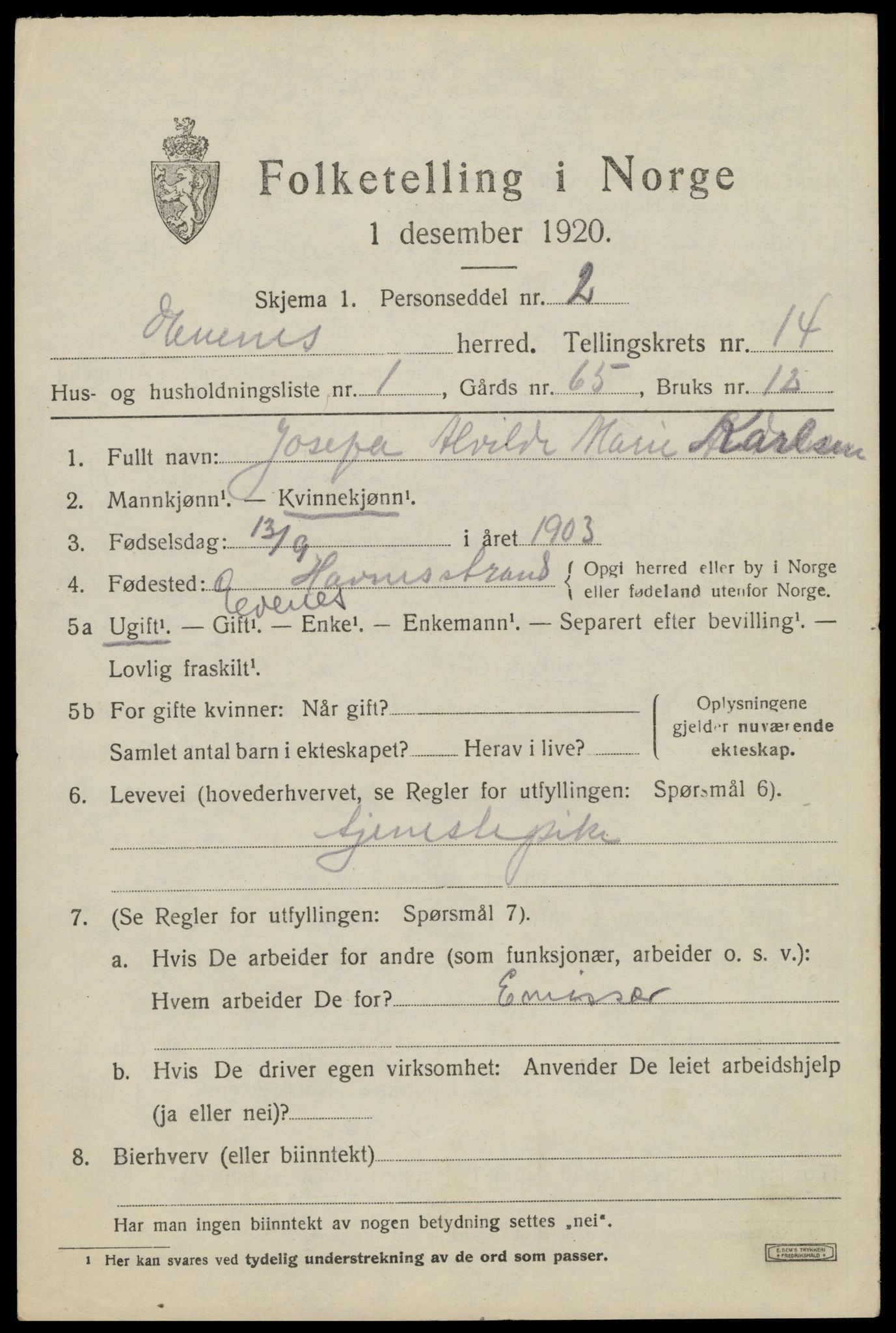 SAT, 1920 census for Evenes, 1920, p. 12200