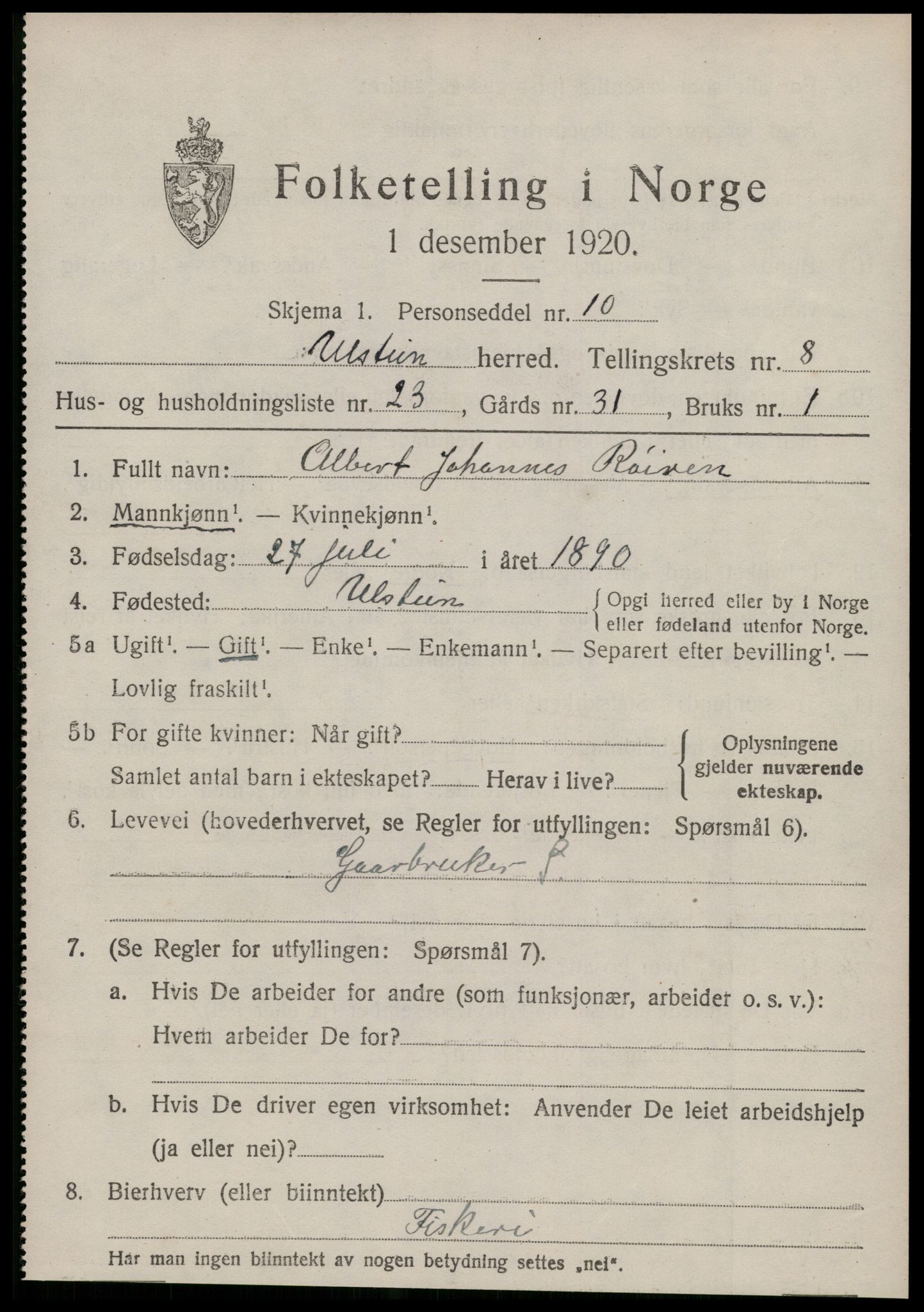 SAT, 1920 census for Ulstein, 1920, p. 4970