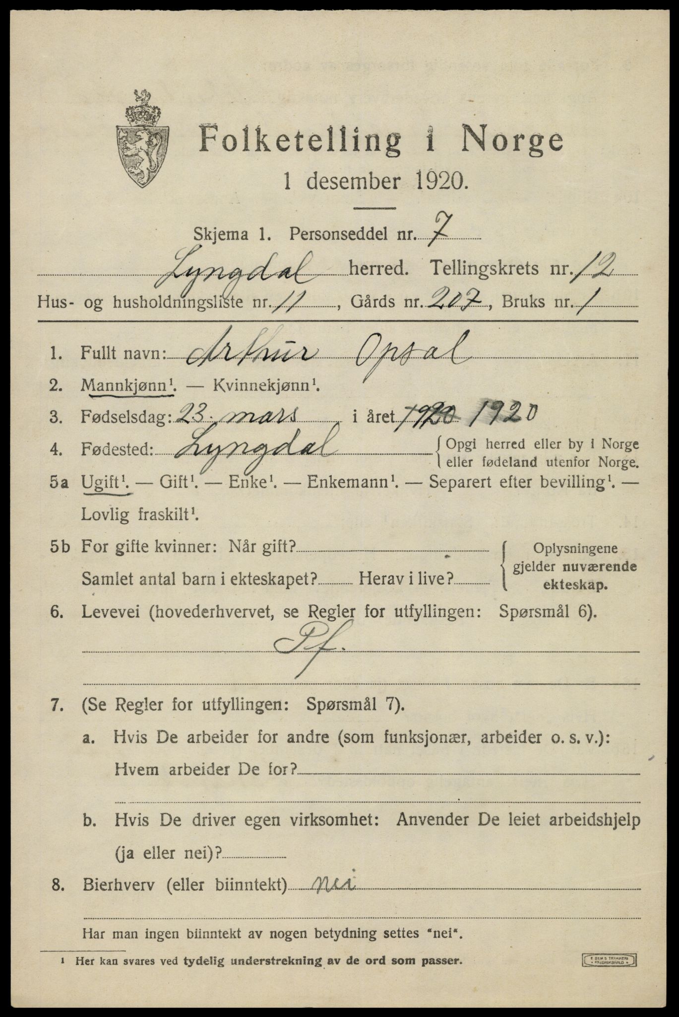 SAK, 1920 census for Lyngdal, 1920, p. 5571
