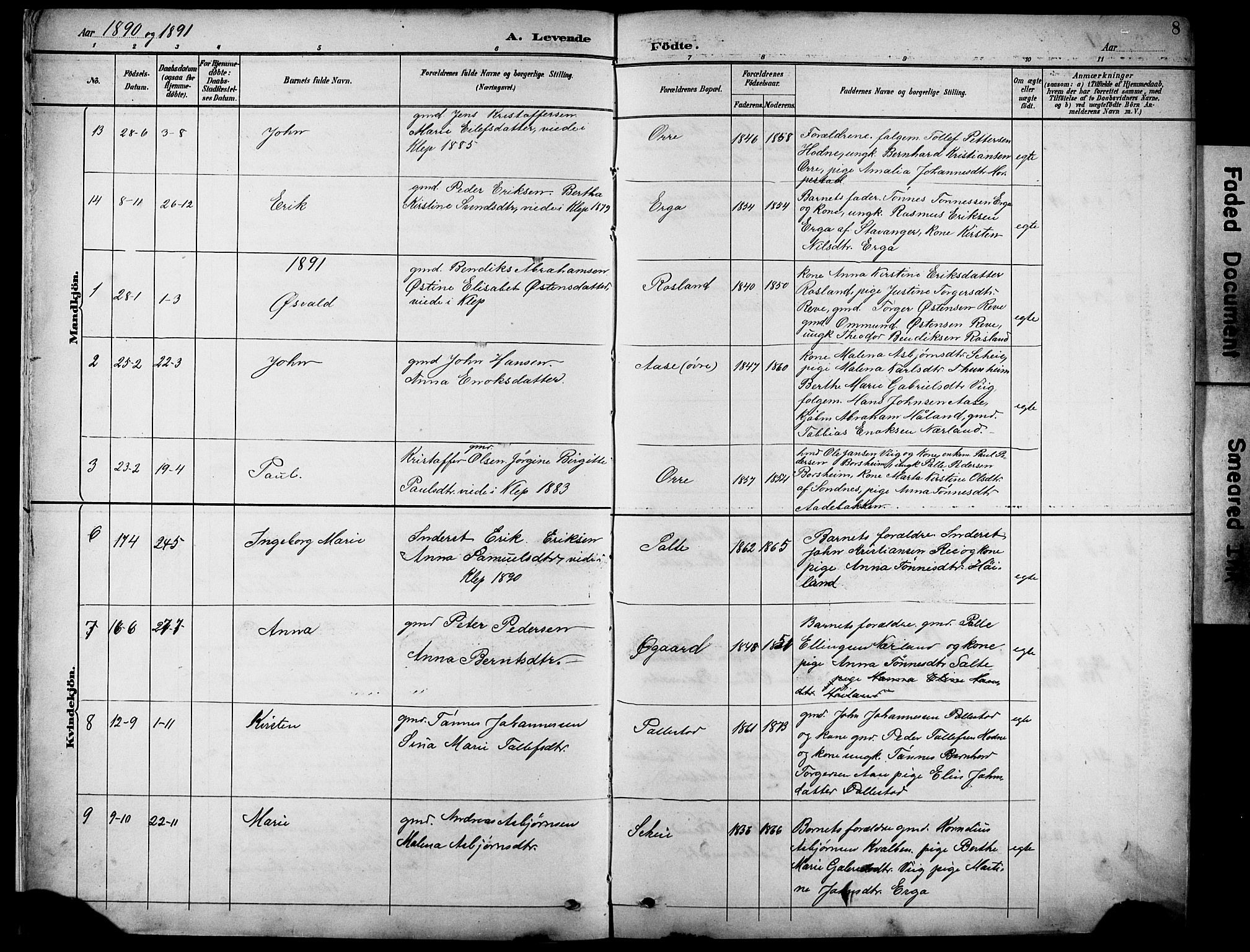 Klepp sokneprestkontor, SAST/A-101803/001/3/30BB/L0005: Parish register (copy) no. B 5, 1889-1918, p. 8