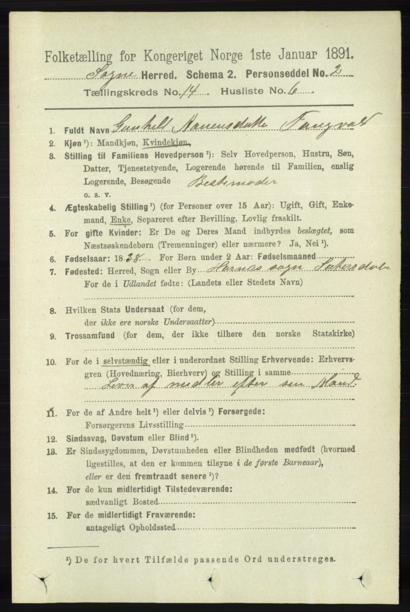 RA, 1891 census for 1018 Søgne, 1891, p. 3432