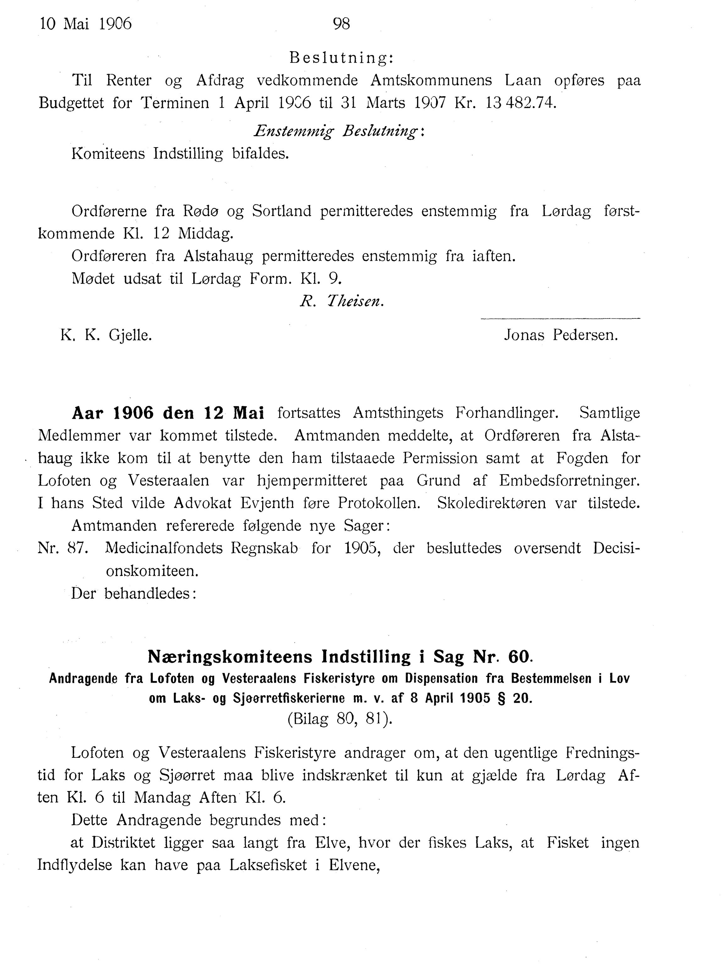 Nordland Fylkeskommune. Fylkestinget, AIN/NFK-17/176/A/Ac/L0029: Fylkestingsforhandlinger 1906, 1906, p. 98