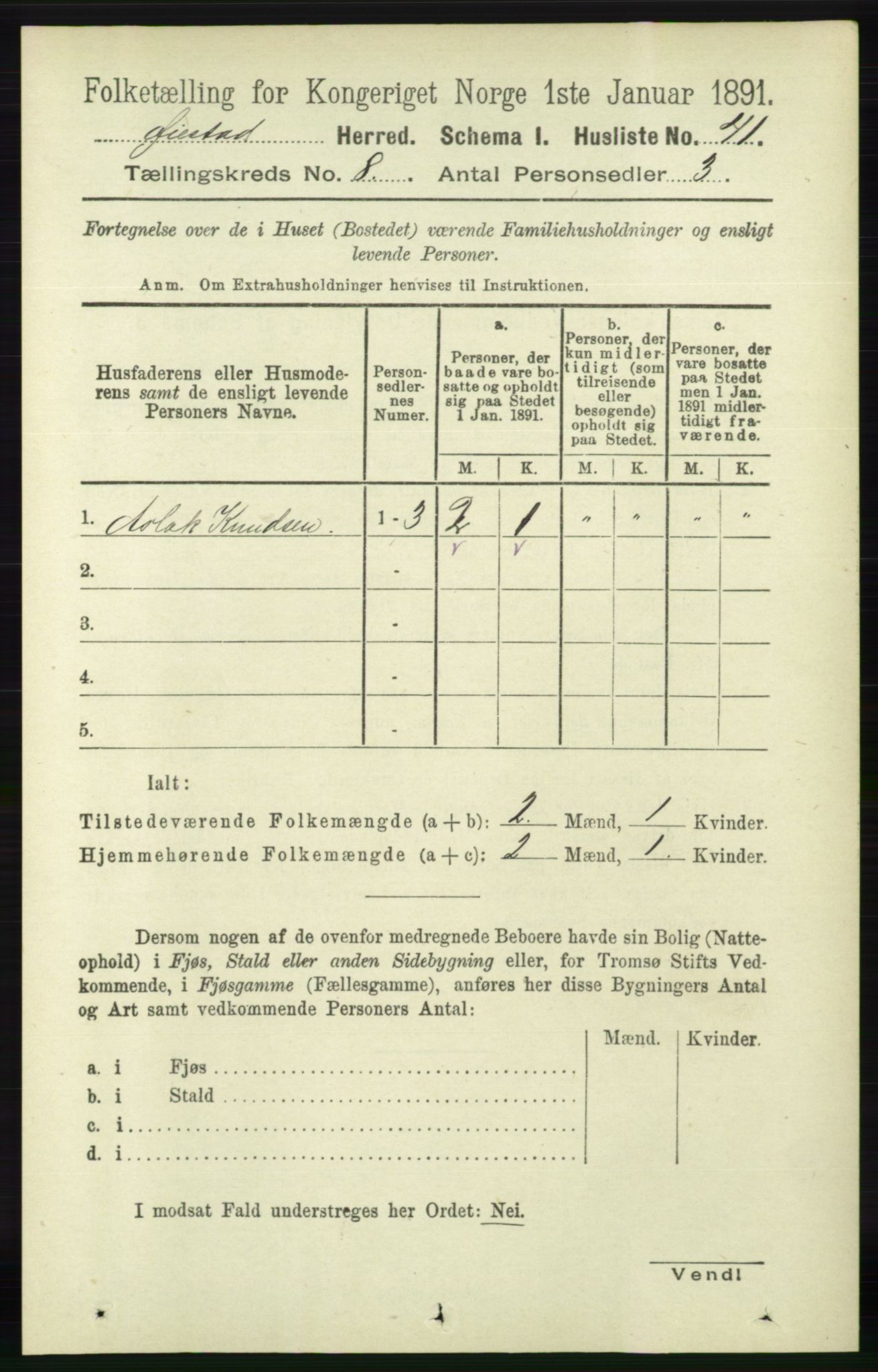 RA, 1891 census for 0920 Øyestad, 1891, p. 3175