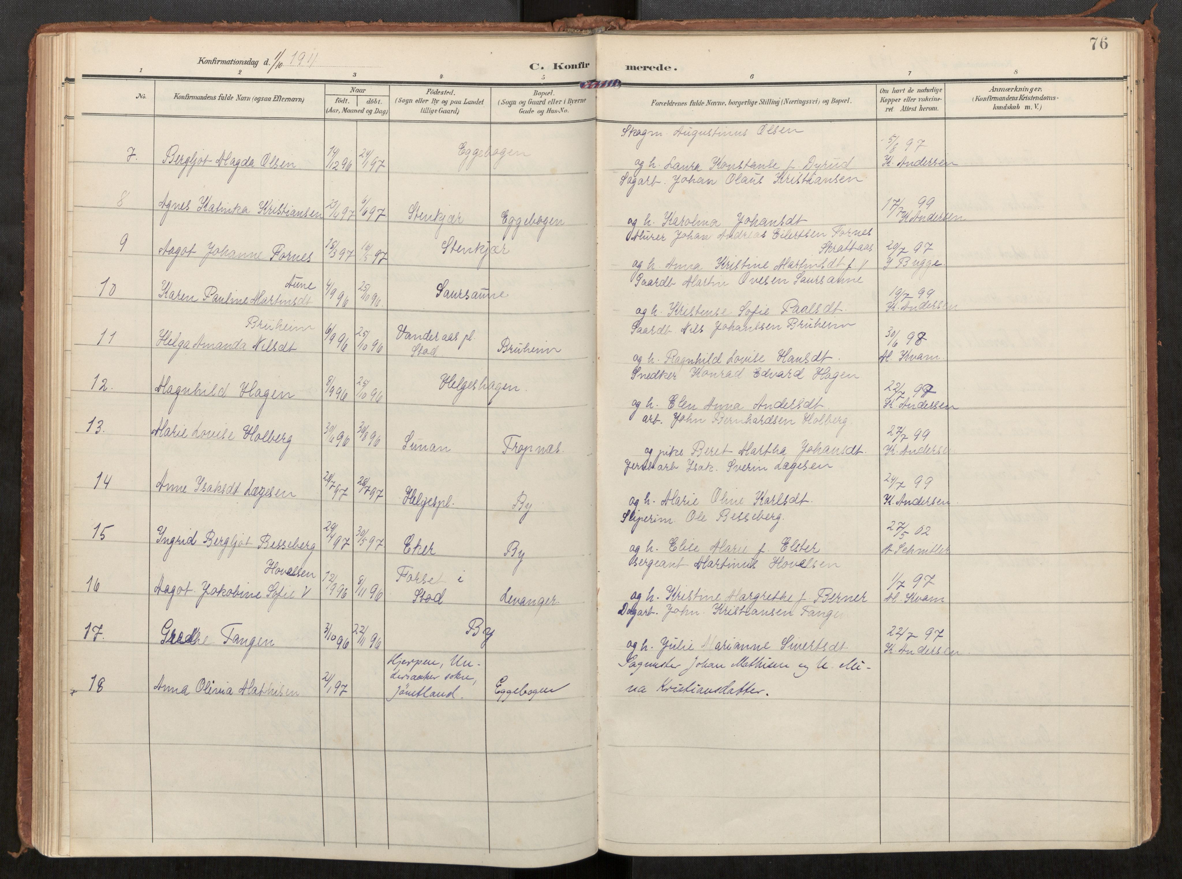 Steinkjer sokneprestkontor, SAT/A-1541/01/H/Ha/Haa/L0002: Parish register (official) no. 2, 1907-1917, p. 76