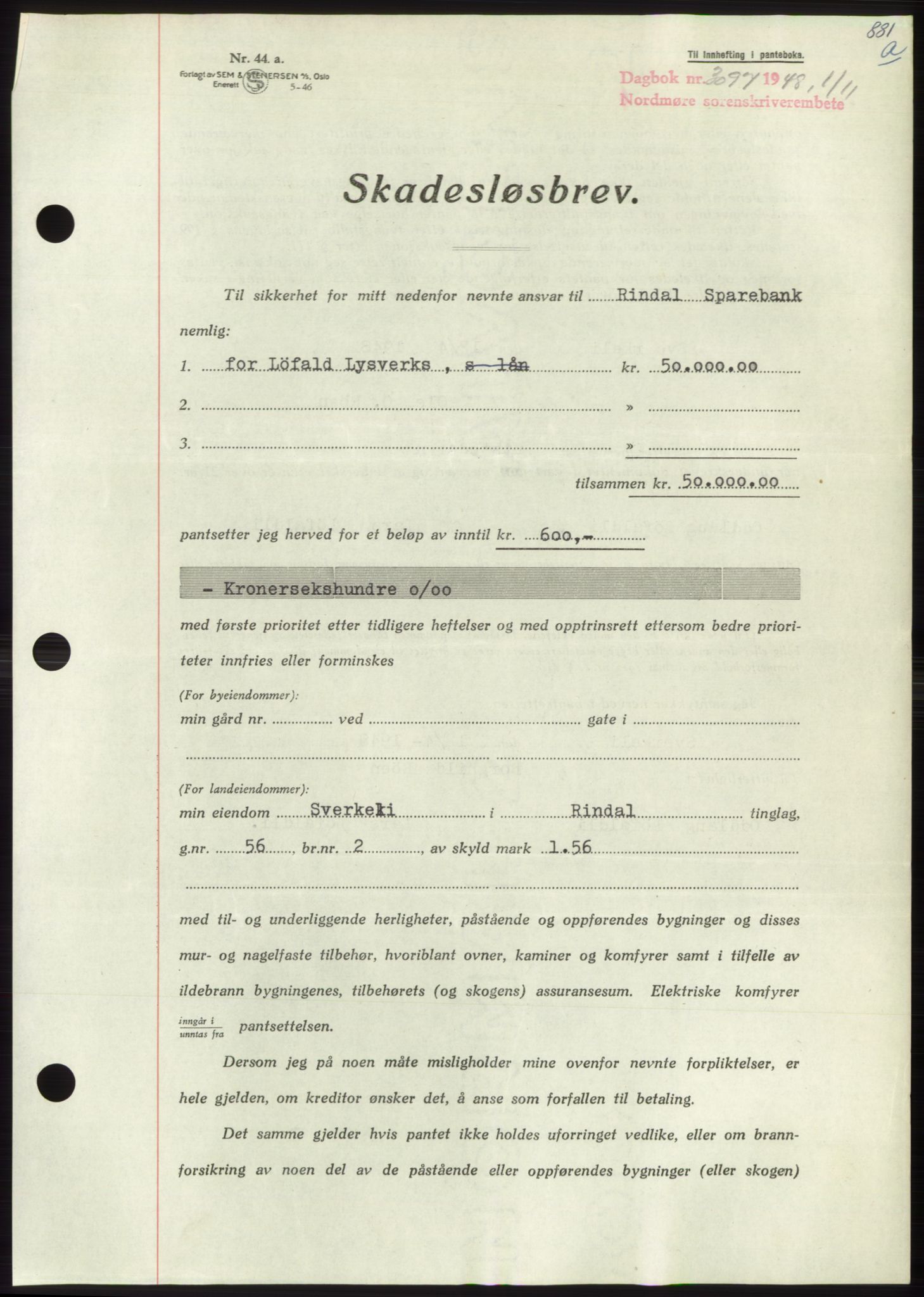 Nordmøre sorenskriveri, AV/SAT-A-4132/1/2/2Ca: Mortgage book no. B99, 1948-1948, Diary no: : 3097/1948