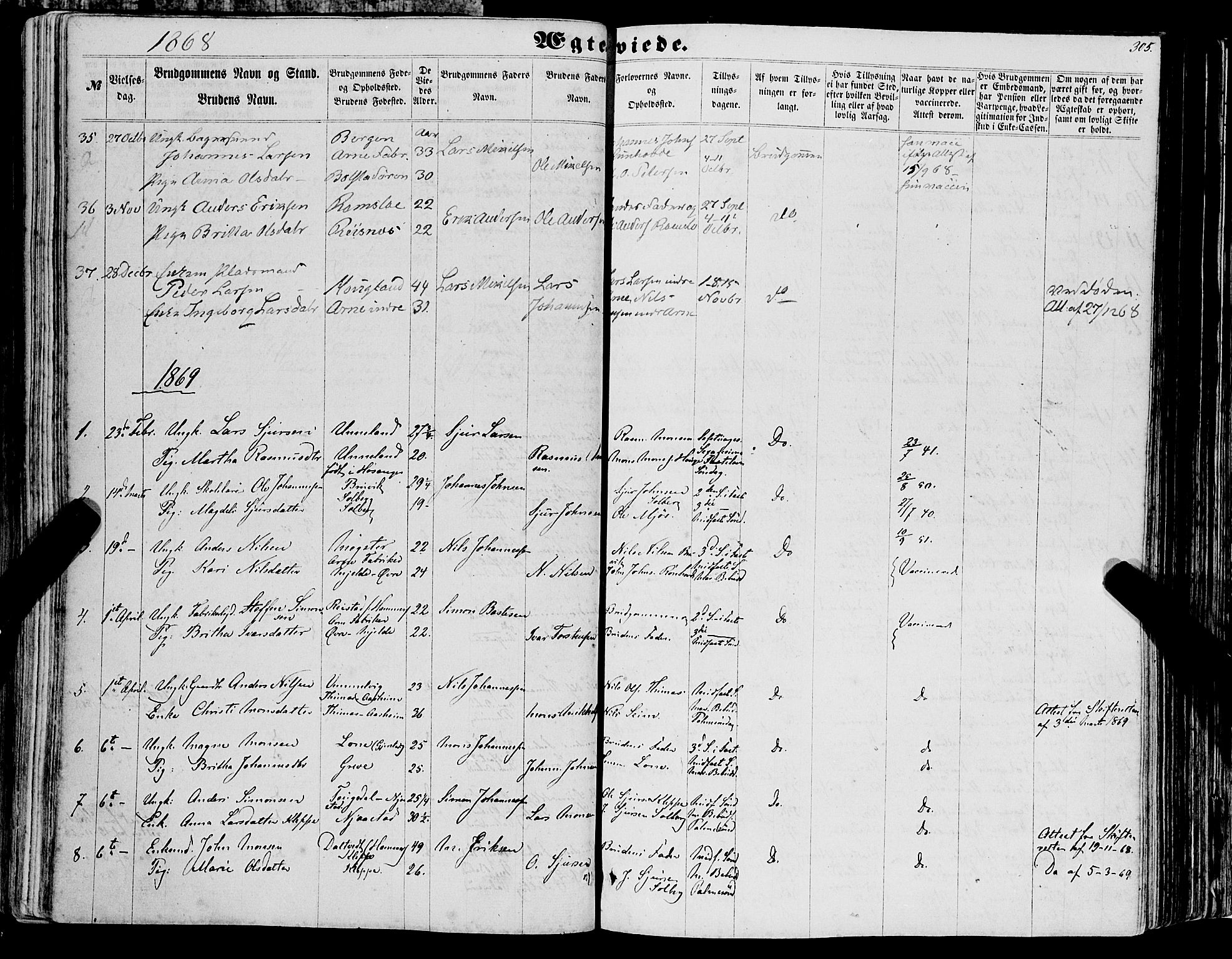 Haus sokneprestembete, AV/SAB-A-75601/H/Haa: Parish register (official) no. A 17, 1858-1870, p. 305