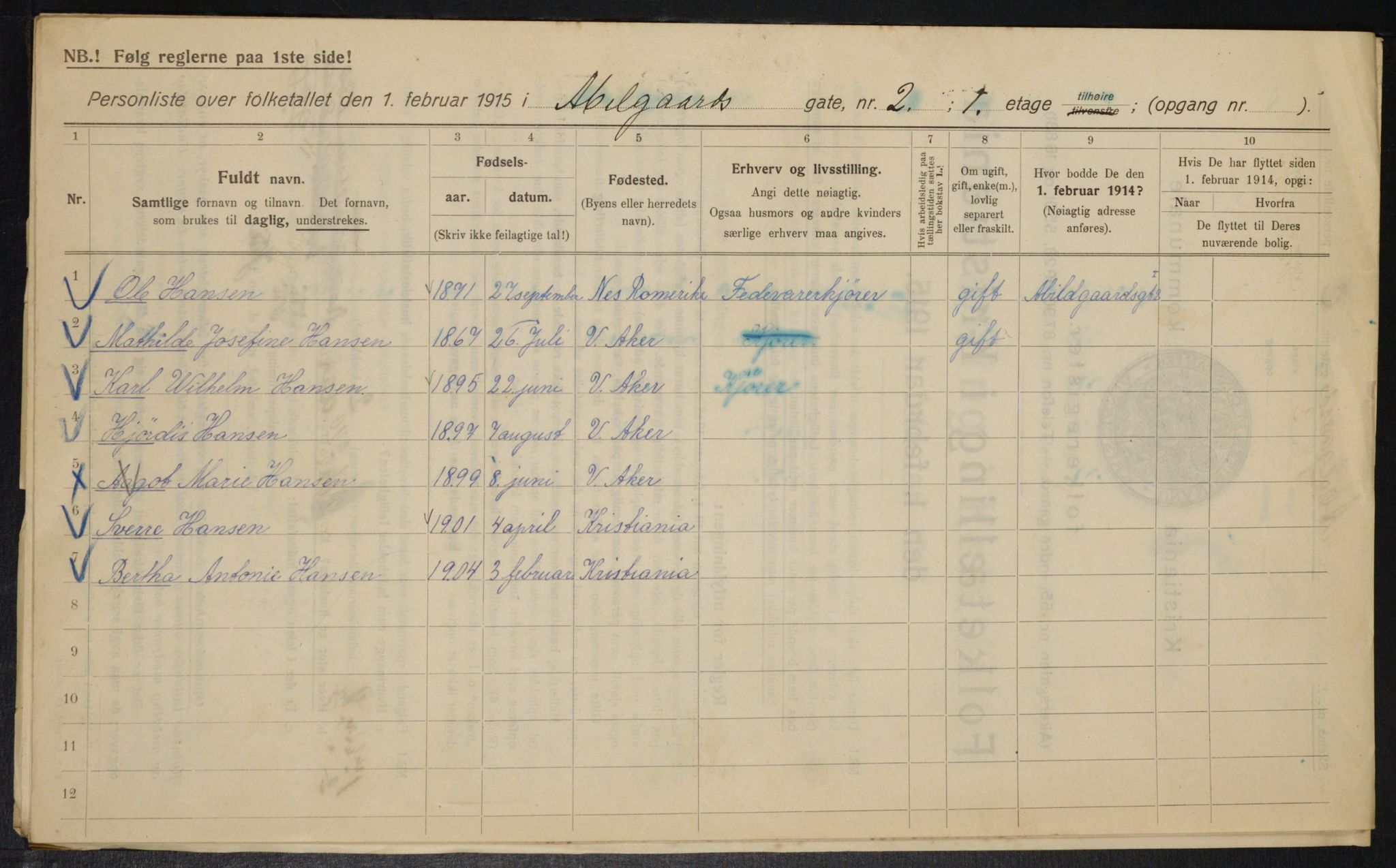 OBA, Municipal Census 1915 for Kristiania, 1915, p. 8