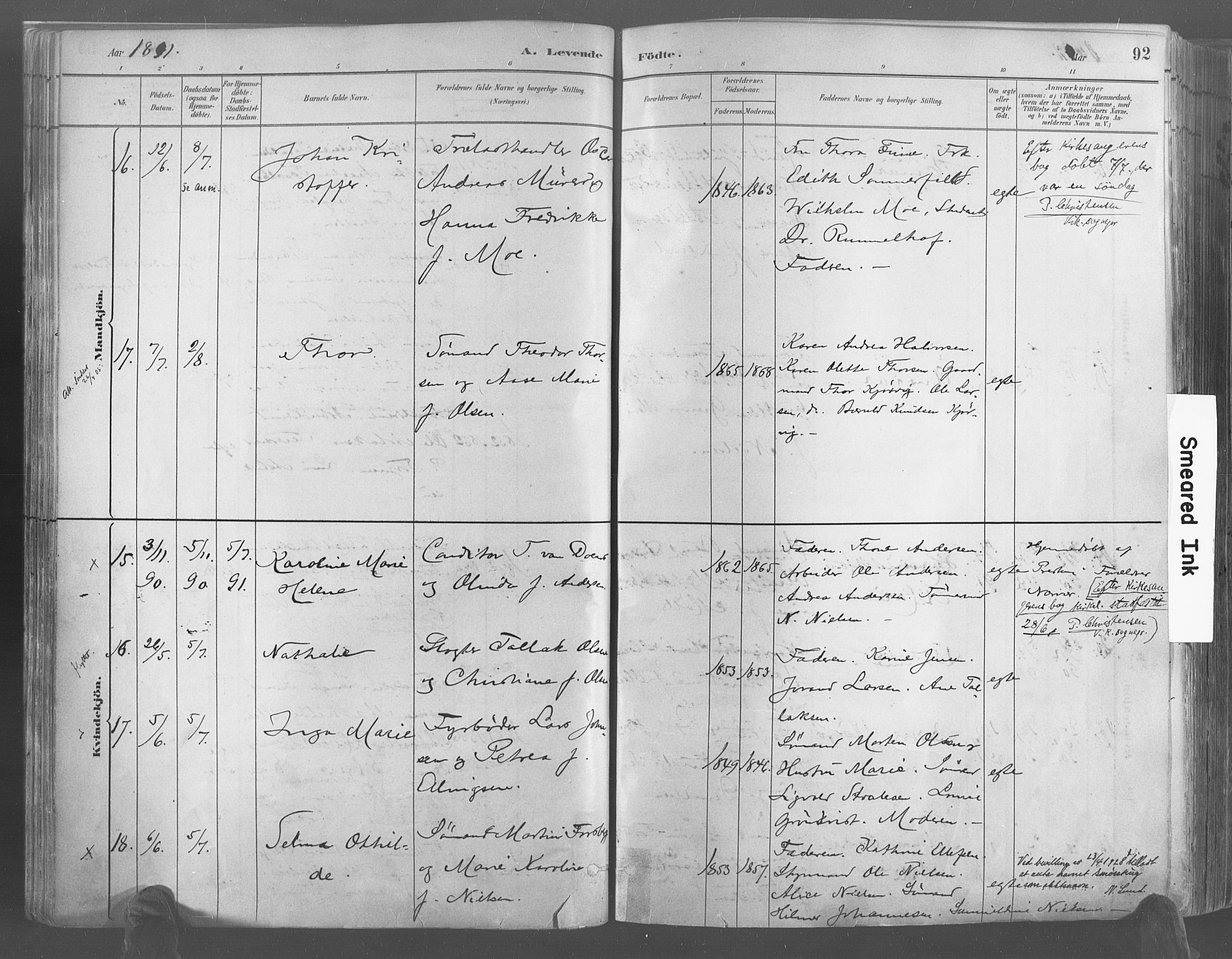 Risør sokneprestkontor, AV/SAK-1111-0035/F/Fa/L0005: Parish register (official) no. A 5, 1883-1895, p. 92