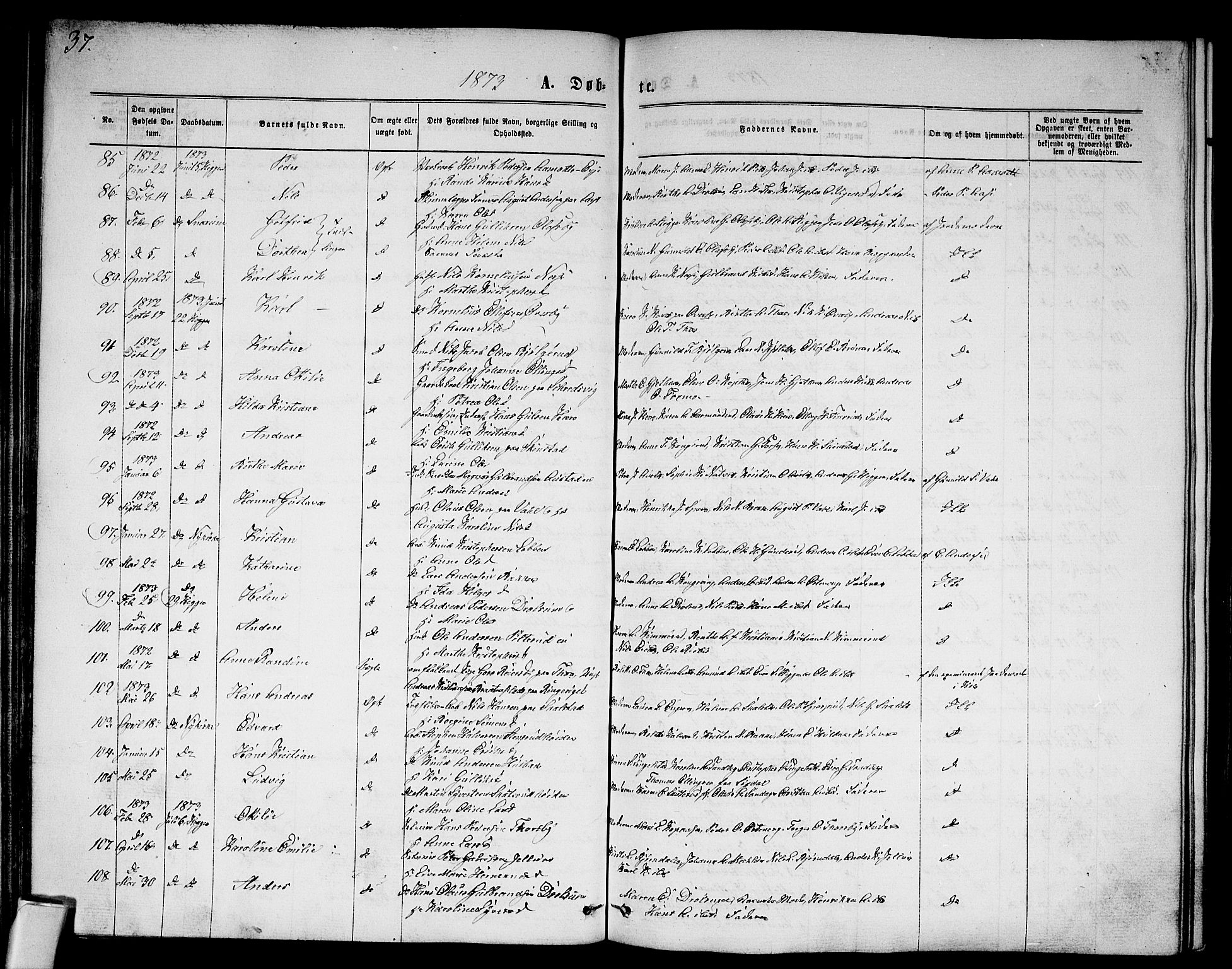 Modum kirkebøker, AV/SAKO-A-234/G/Ga/L0007: Parish register (copy) no. I 7, 1869-1878, p. 37