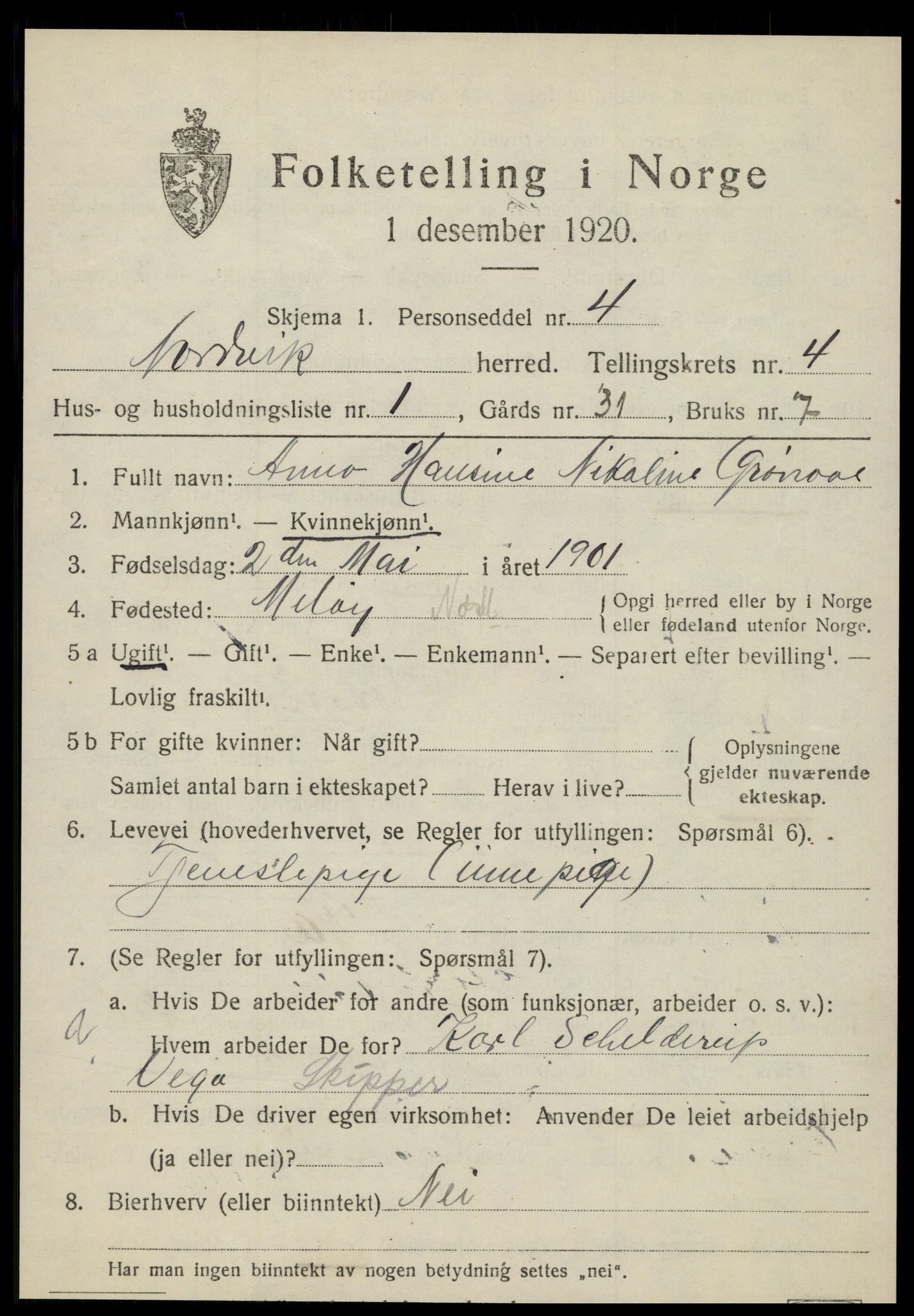 SAT, 1920 census for Nordvik, 1920, p. 1458