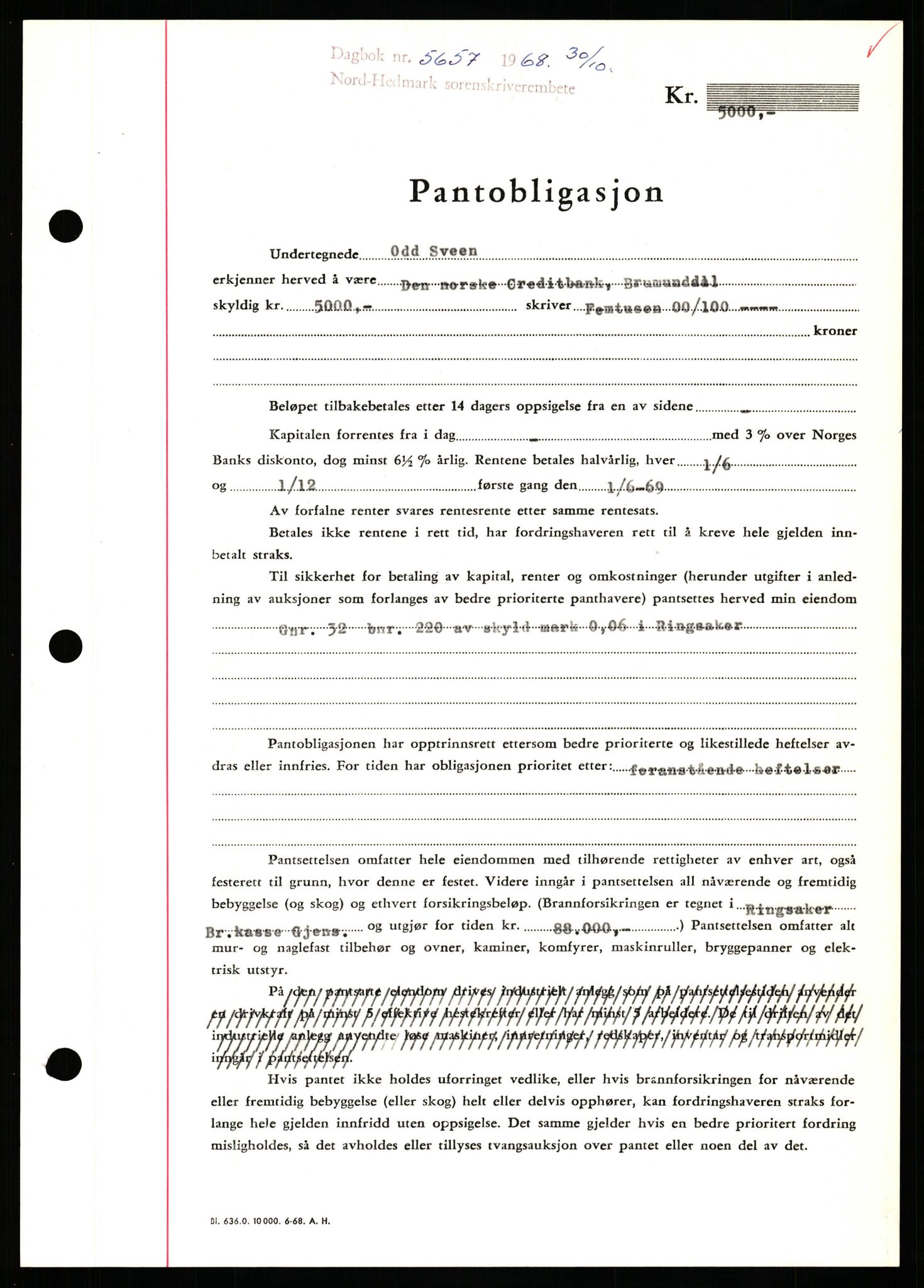 Nord-Hedmark sorenskriveri, SAH/TING-012/H/Hb/Hbf/L0077: Mortgage book no. B77, 1968-1969, Diary no: : 5657/1968