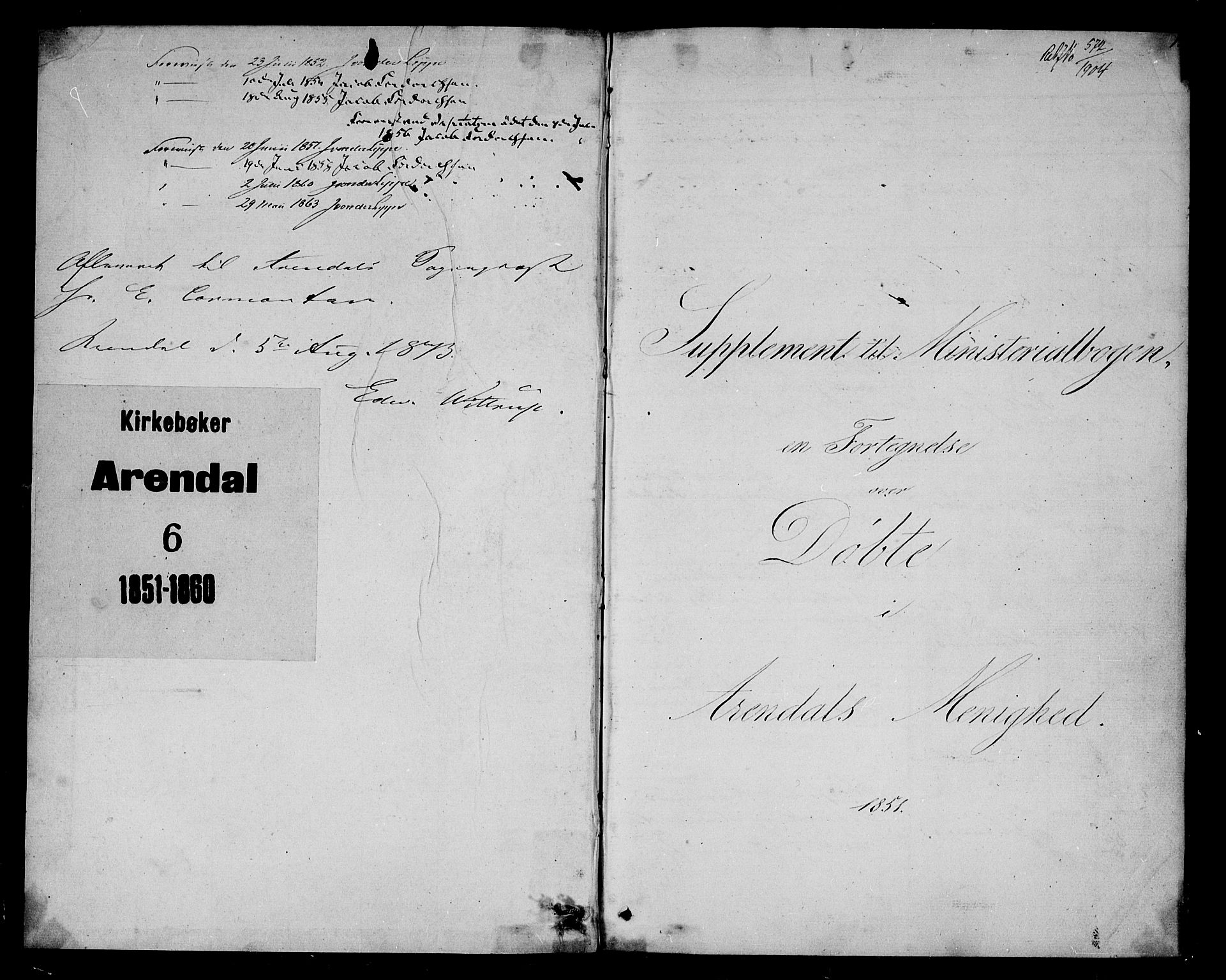 Arendal sokneprestkontor, Trefoldighet, SAK/1111-0040/F/Fb/L0003: Parish register (copy) no. B 3, 1851-1860, p. 1