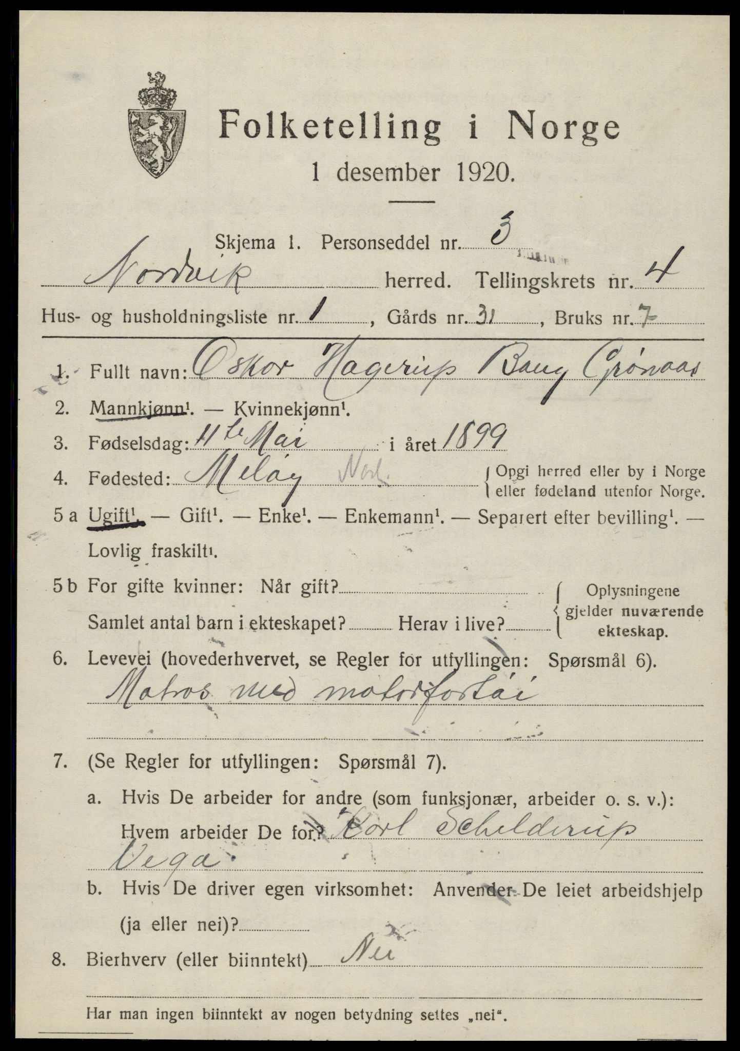 SAT, 1920 census for Nordvik, 1920, p. 1456