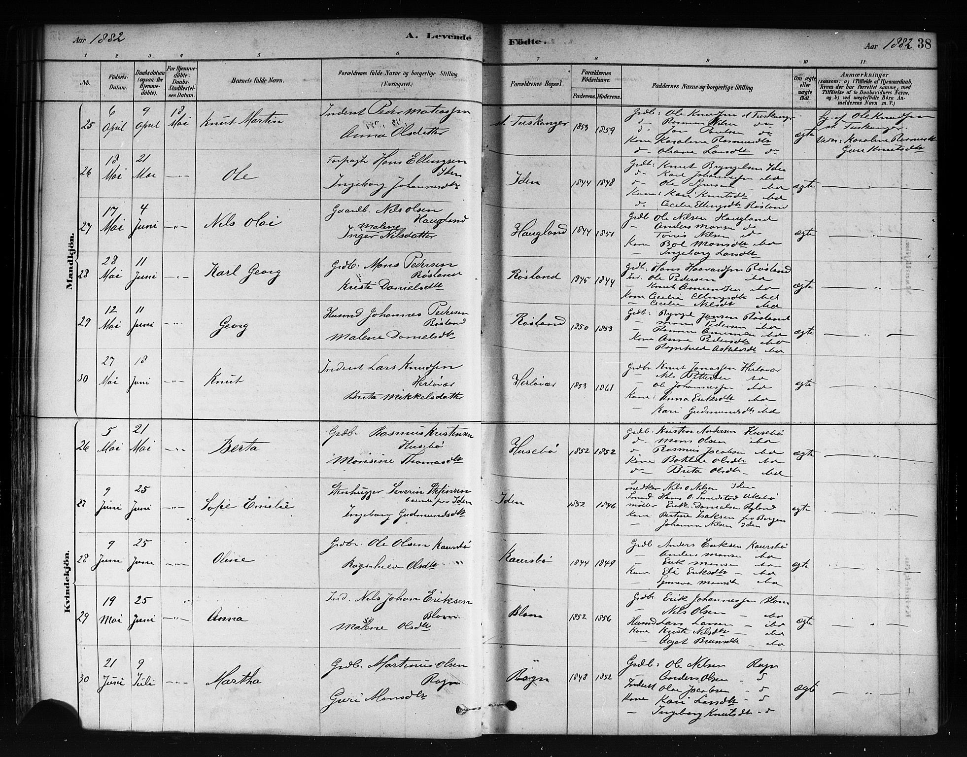 Herdla Sokneprestembete, AV/SAB-A-75701/H/Haa: Parish register (official) no. A 3, 1878-1890, p. 38