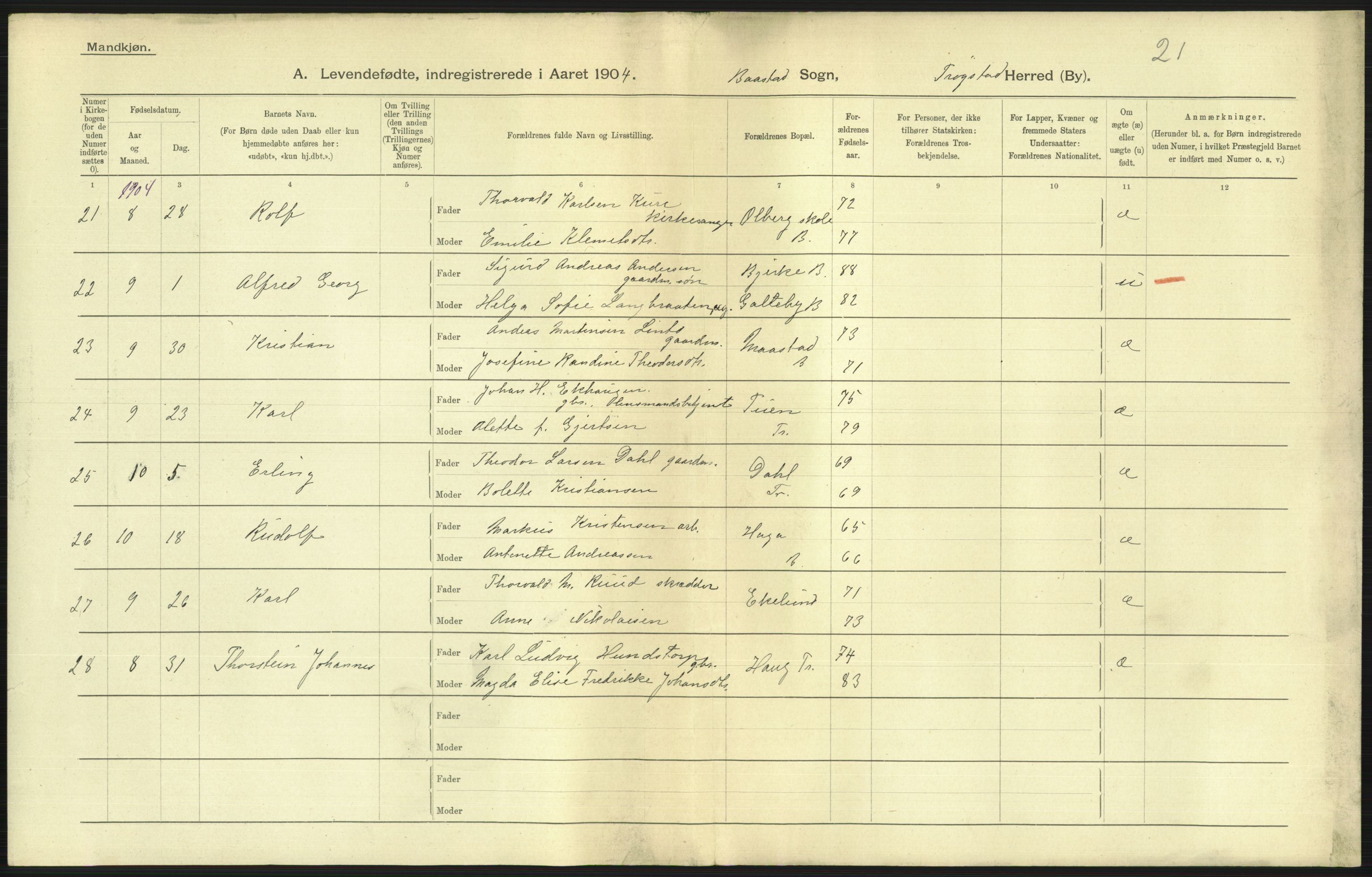 Statistisk sentralbyrå, Sosiodemografiske emner, Befolkning, AV/RA-S-2228/D/Df/Dfa/Dfab/L0001: Smålenenes amt: Fødte, gifte, døde, 1904, p. 185