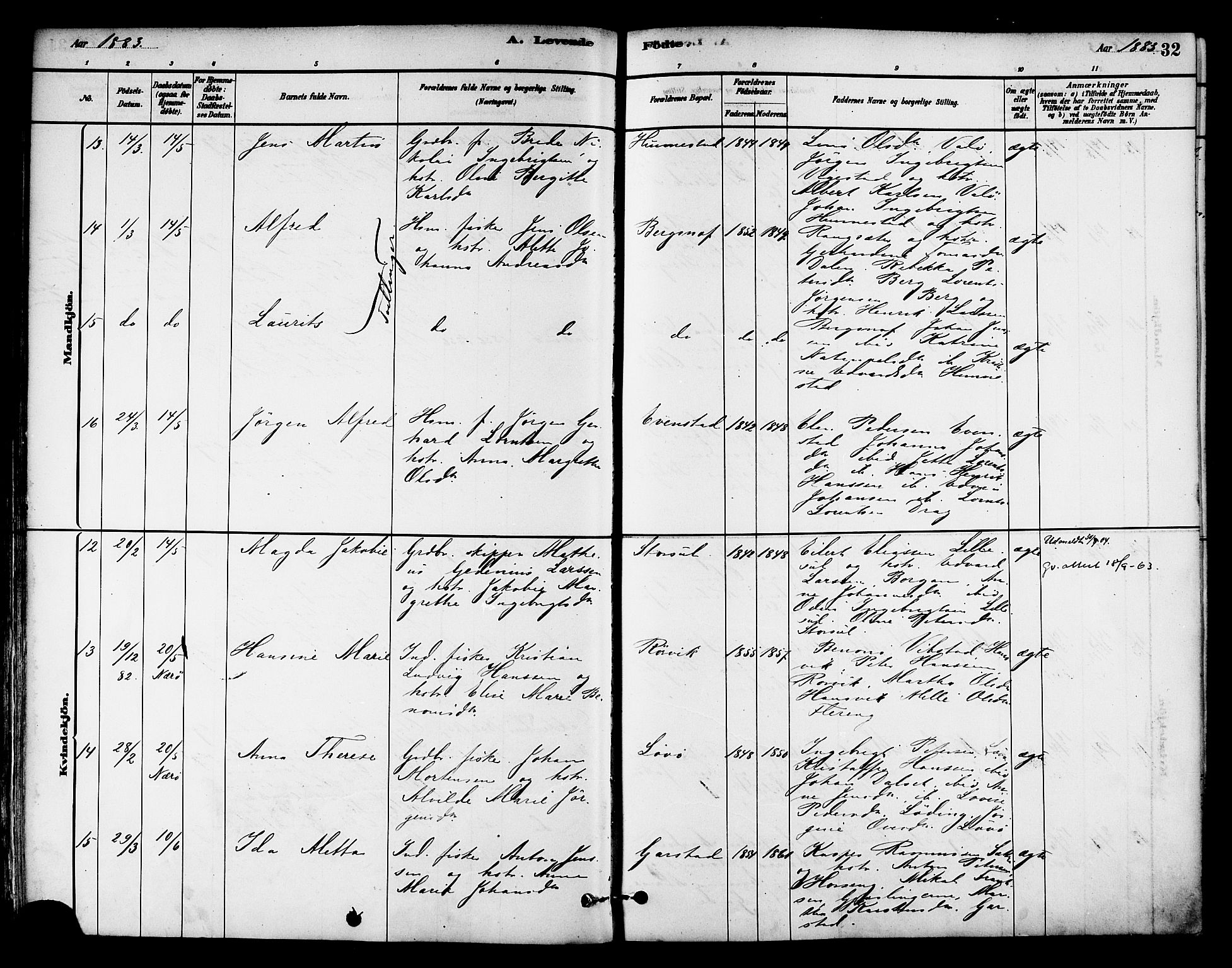 Ministerialprotokoller, klokkerbøker og fødselsregistre - Nord-Trøndelag, AV/SAT-A-1458/786/L0686: Parish register (official) no. 786A02, 1880-1887, p. 32