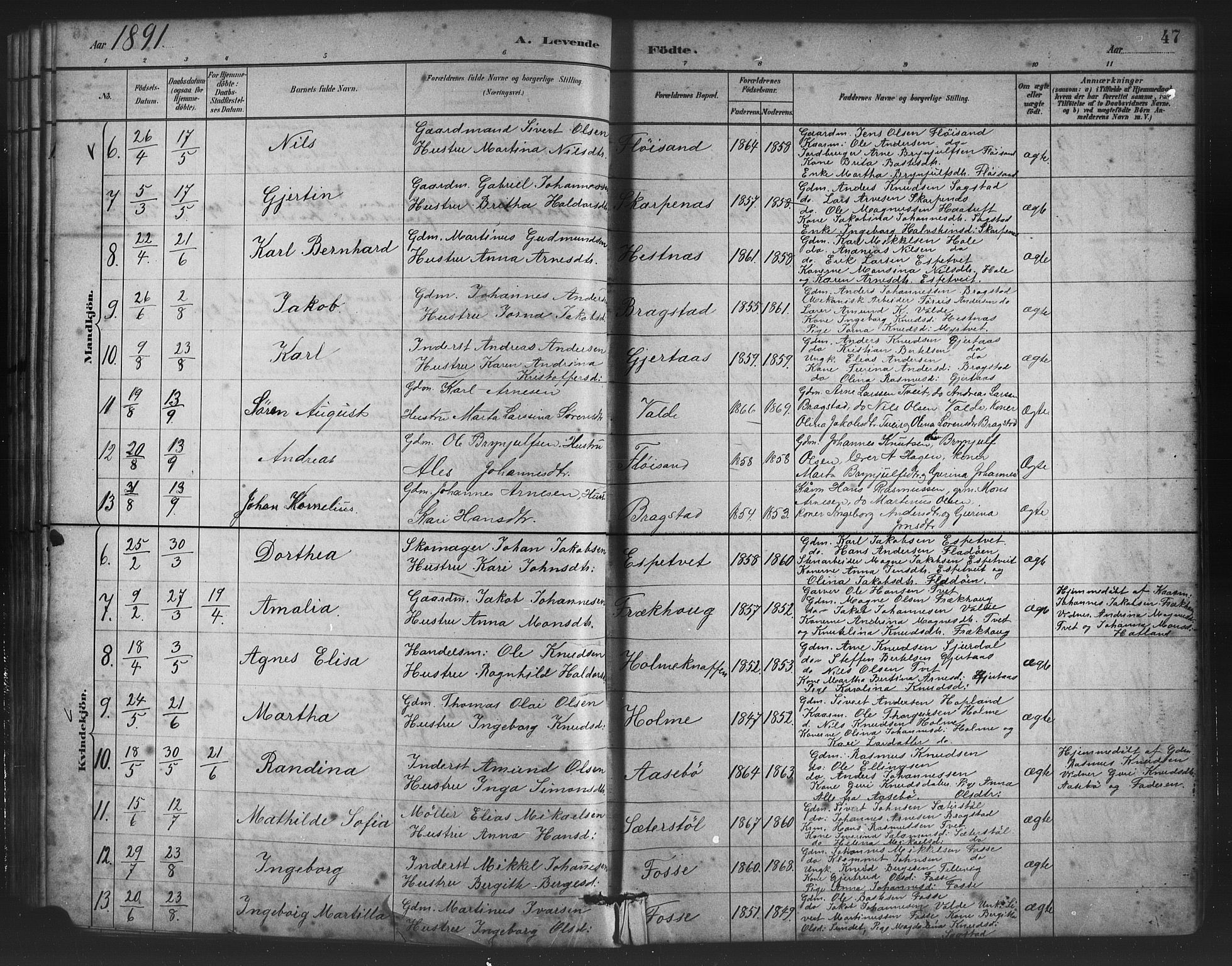 Alversund Sokneprestembete, AV/SAB-A-73901/H/Ha/Haa/Haac/L0001: Parish register (official) no. C 1, 1882-1900, p. 47