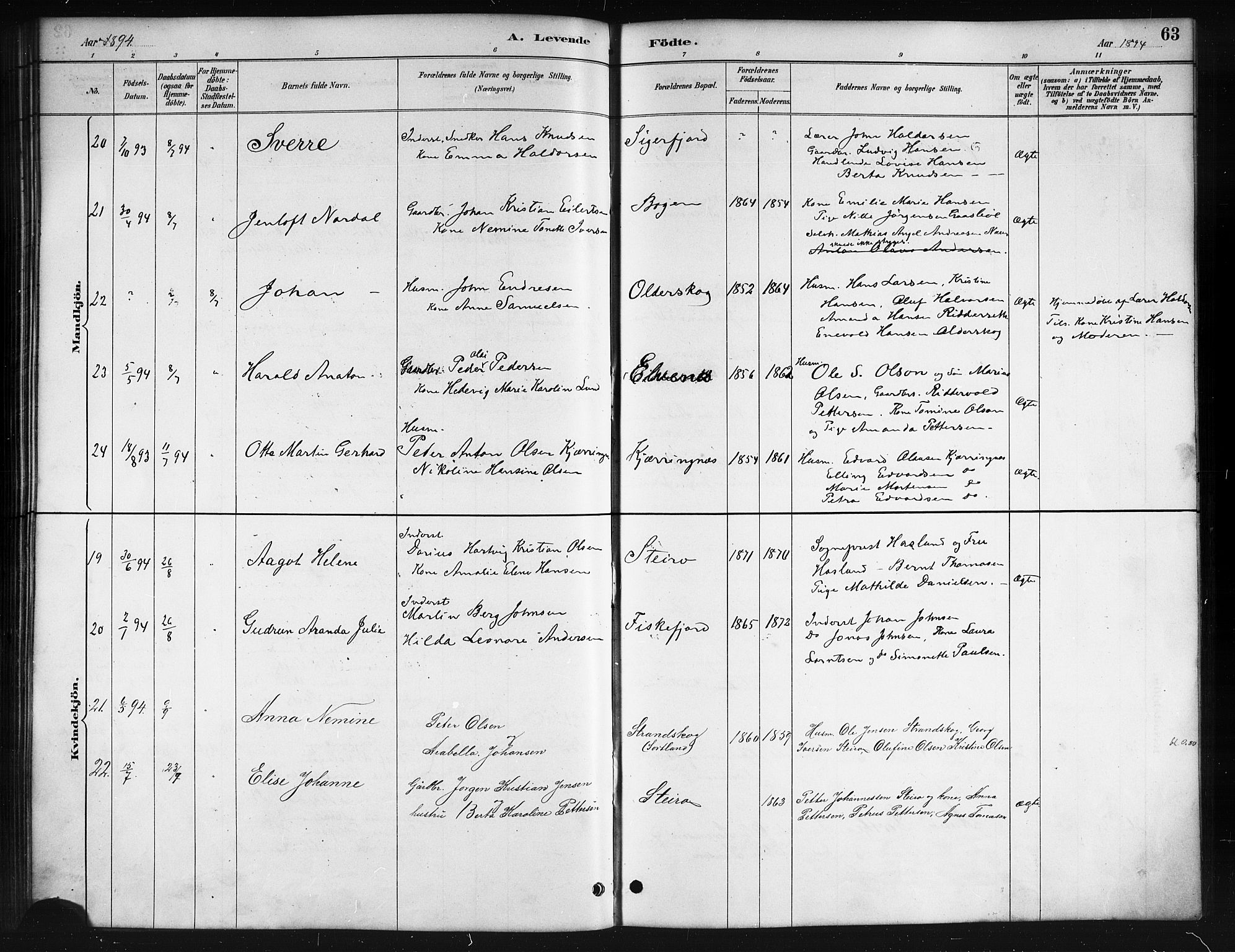 Ministerialprotokoller, klokkerbøker og fødselsregistre - Nordland, AV/SAT-A-1459/895/L1382: Parish register (copy) no. 895C04, 1885-1896, p. 63