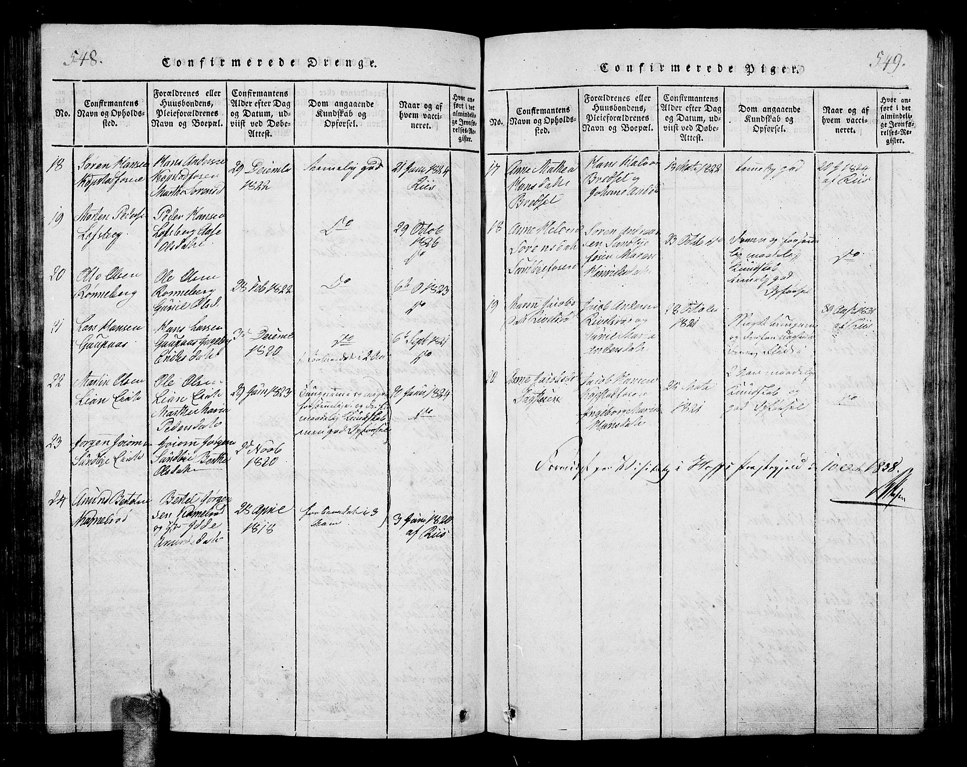 Hof kirkebøker, AV/SAKO-A-64/G/Ga/L0001: Parish register (copy) no. I 1, 1814-1844, p. 548-549