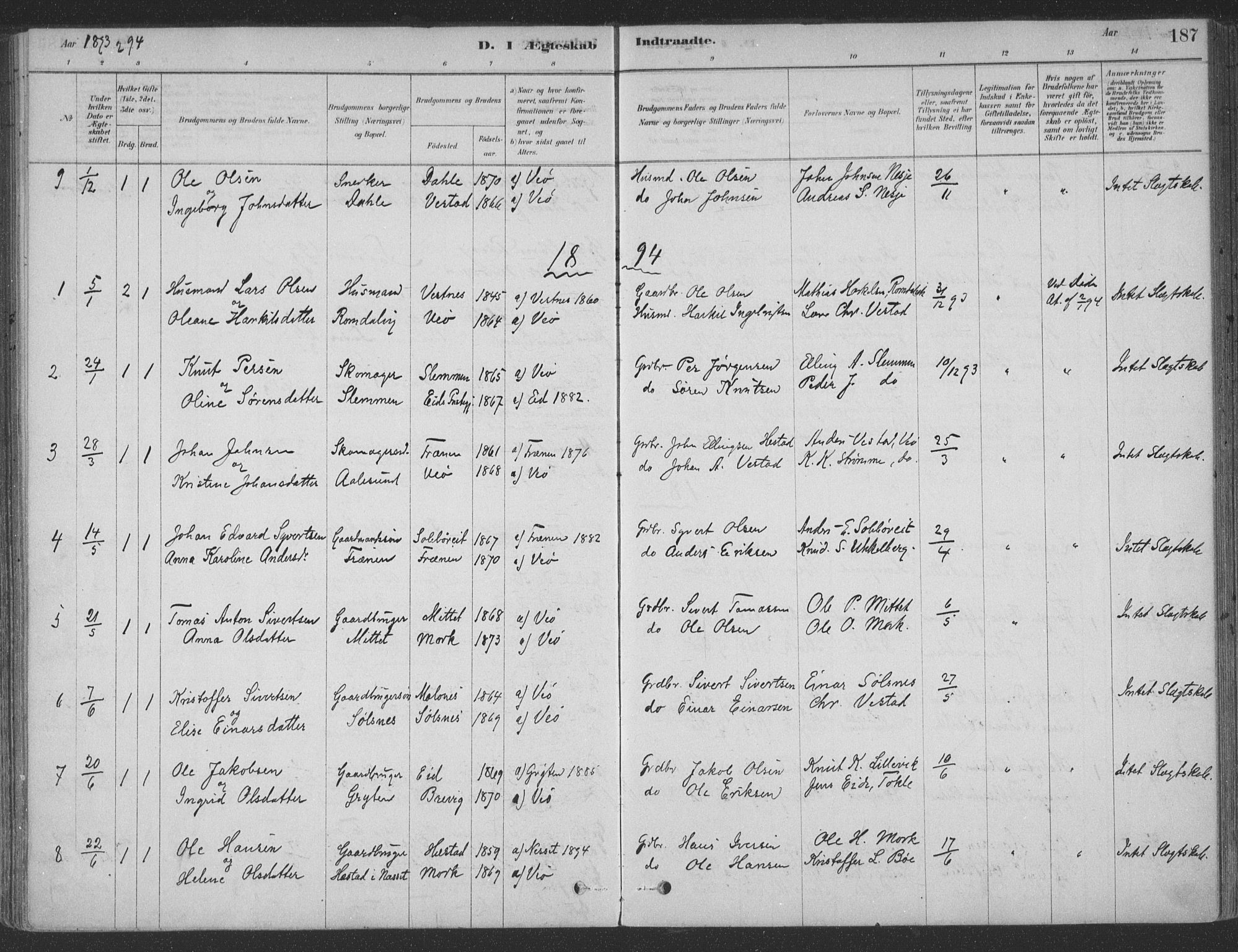 Ministerialprotokoller, klokkerbøker og fødselsregistre - Møre og Romsdal, SAT/A-1454/547/L0604: Parish register (official) no. 547A06, 1878-1906, p. 187